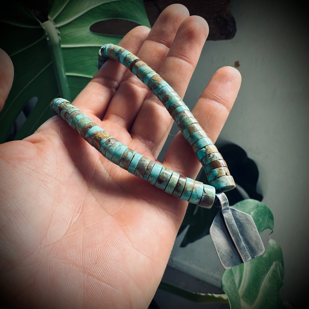 15” reworked chunky turquoise bead necklace with spiritual talisman in sterling silver