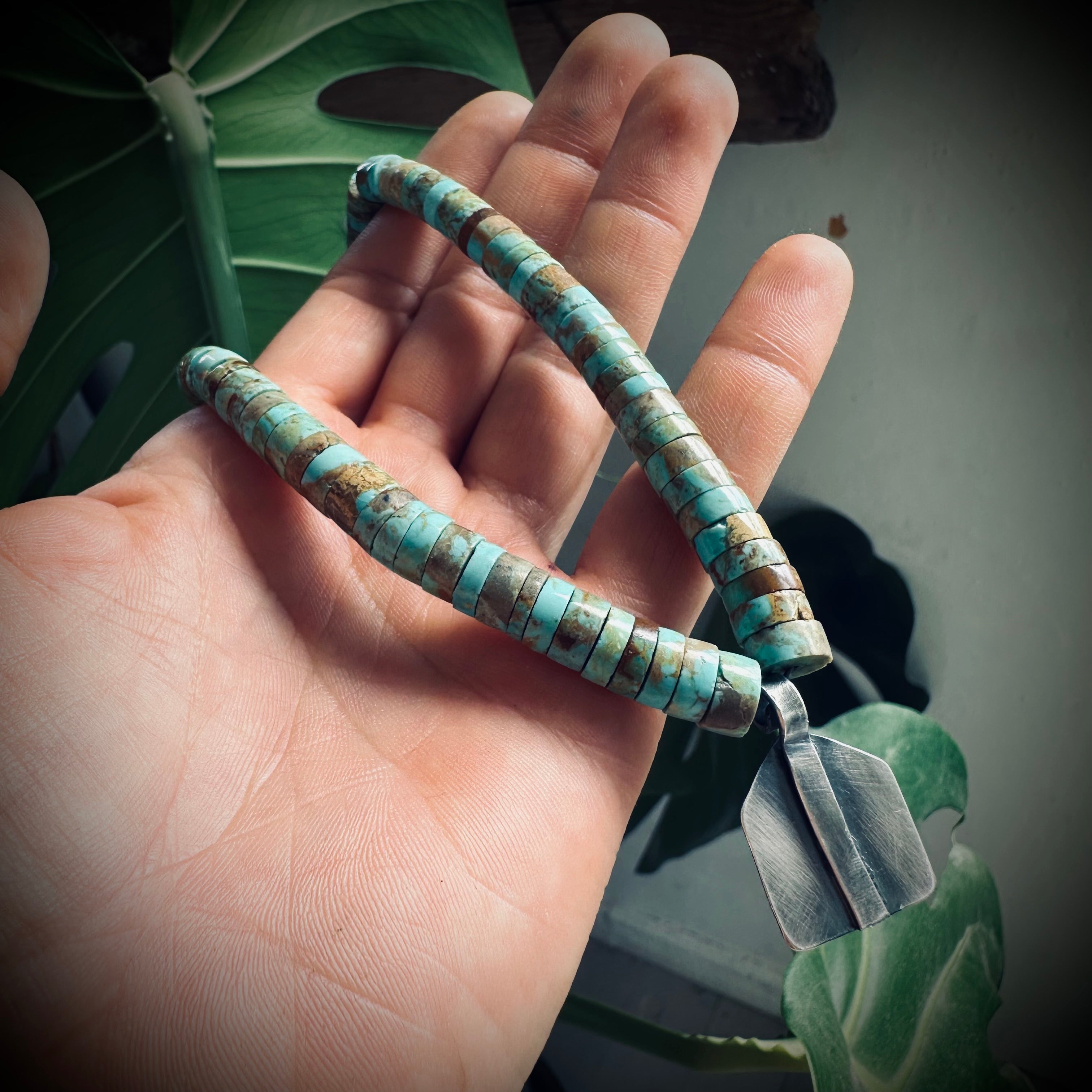 15” reworked chunky turquoise bead necklace with spiritual talisman in sterling silver
