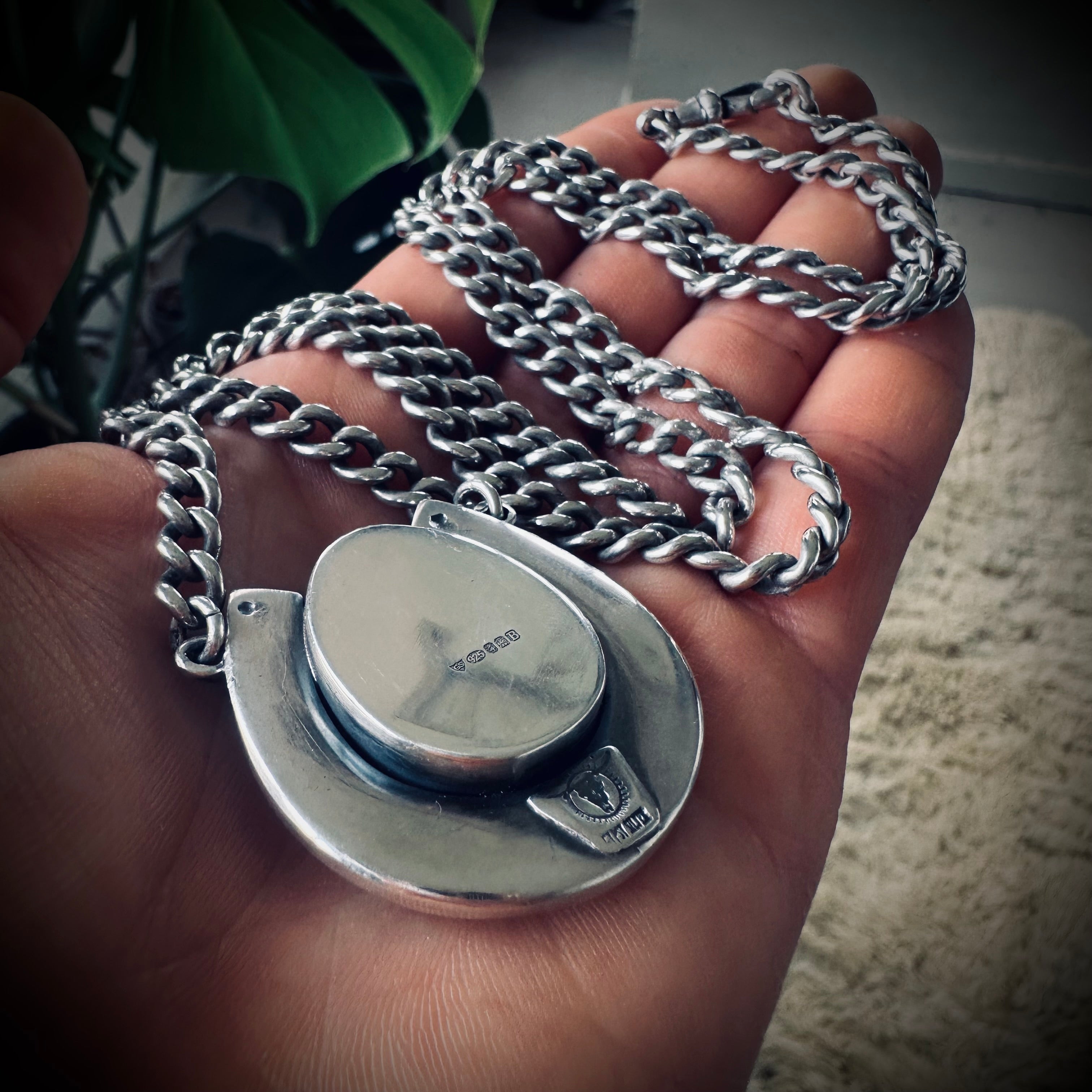 Sterling silver hallmarked lucky horseshoe necklace with turquoise and 24” antique heavy chain