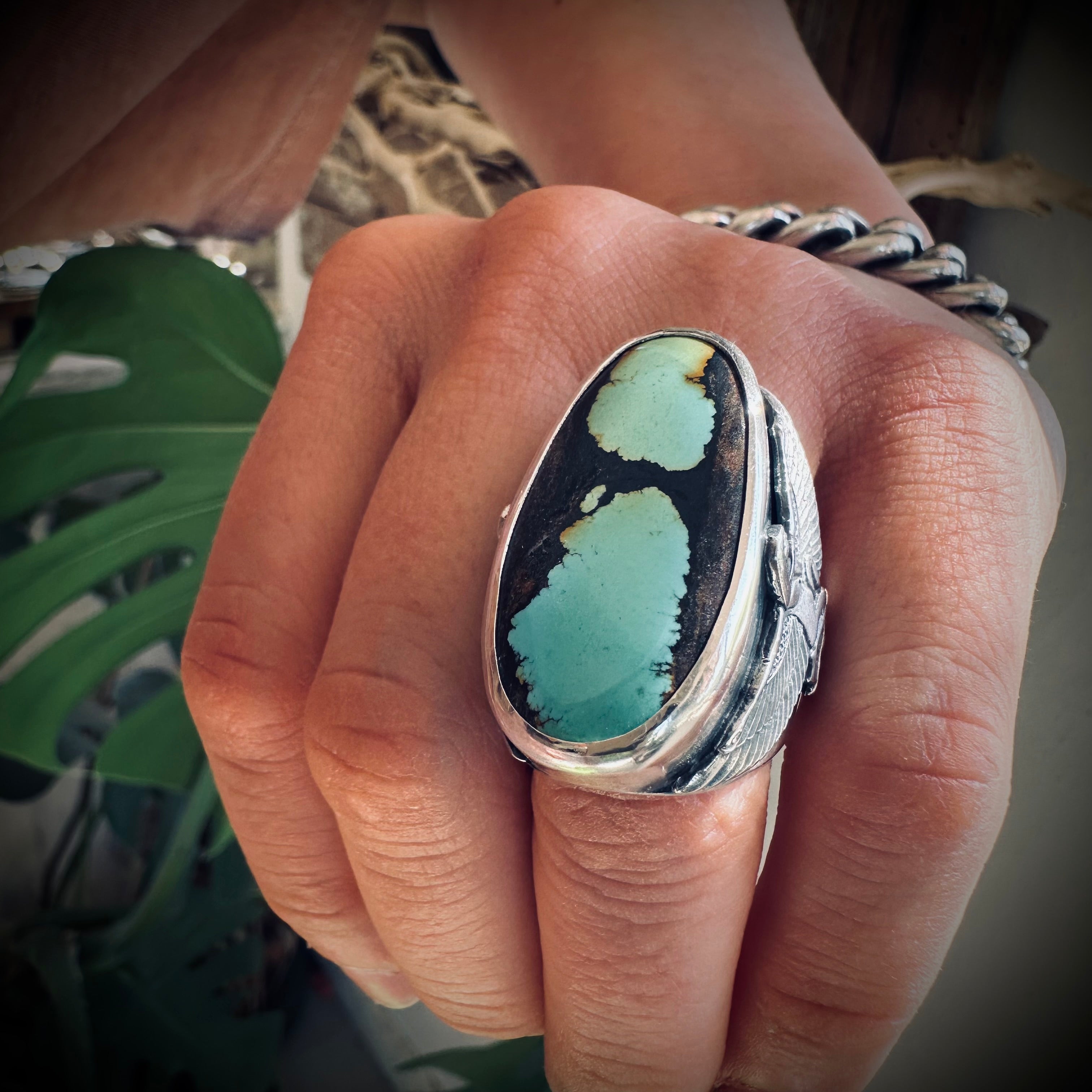 Size 6.5 (M 1/2) Sterling silver hallmarked turquoise winged Isis ring