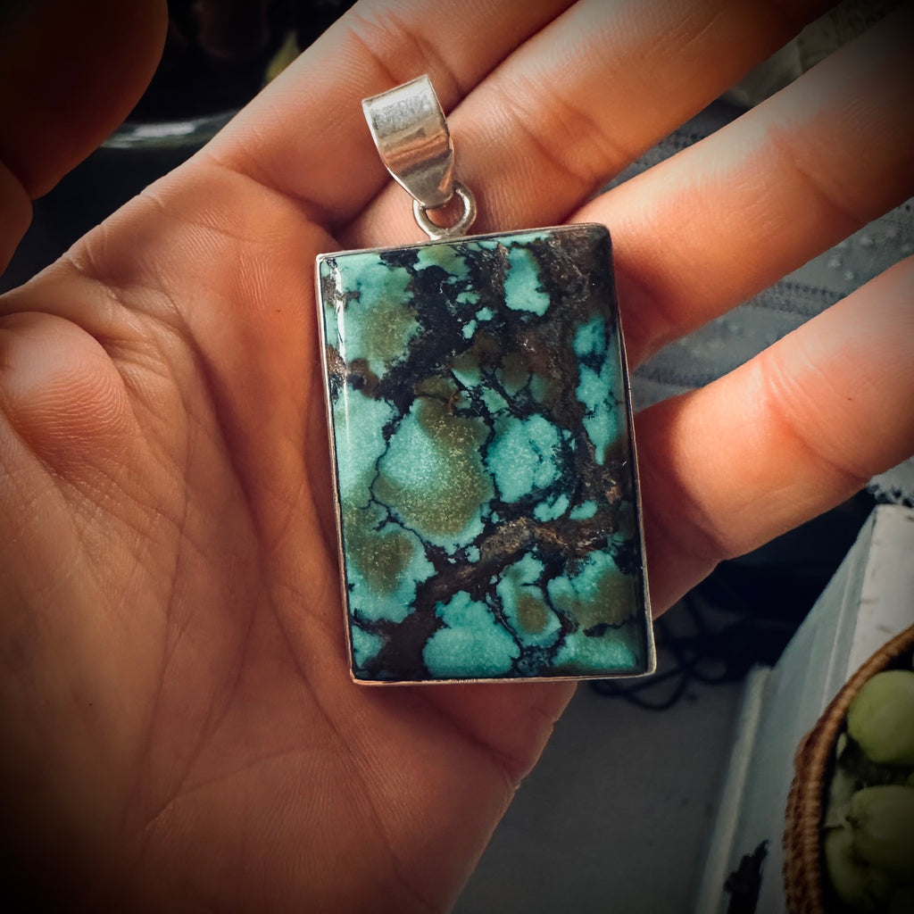 Big and heavy vintage turquoise pendant with chunky sterling silver setting