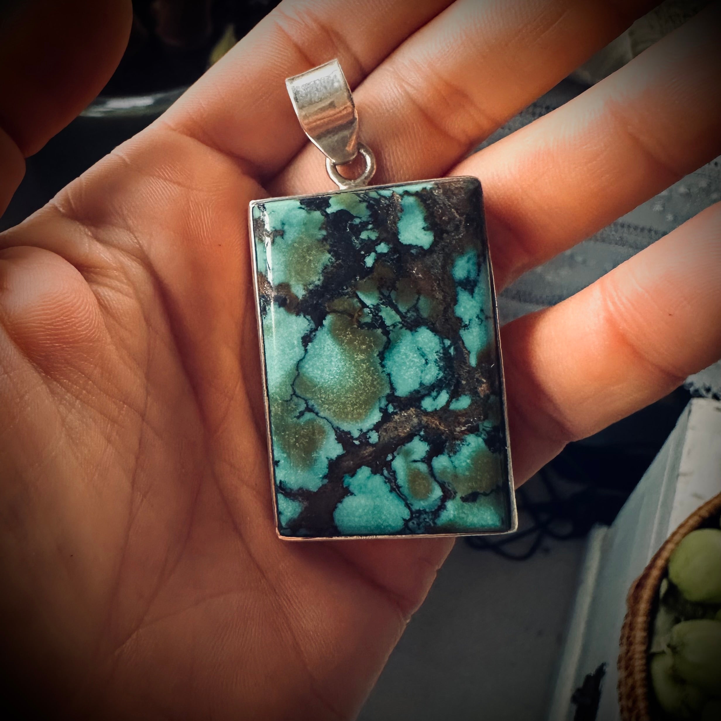 Big and heavy vintage turquoise pendant with chunky sterling silver setting