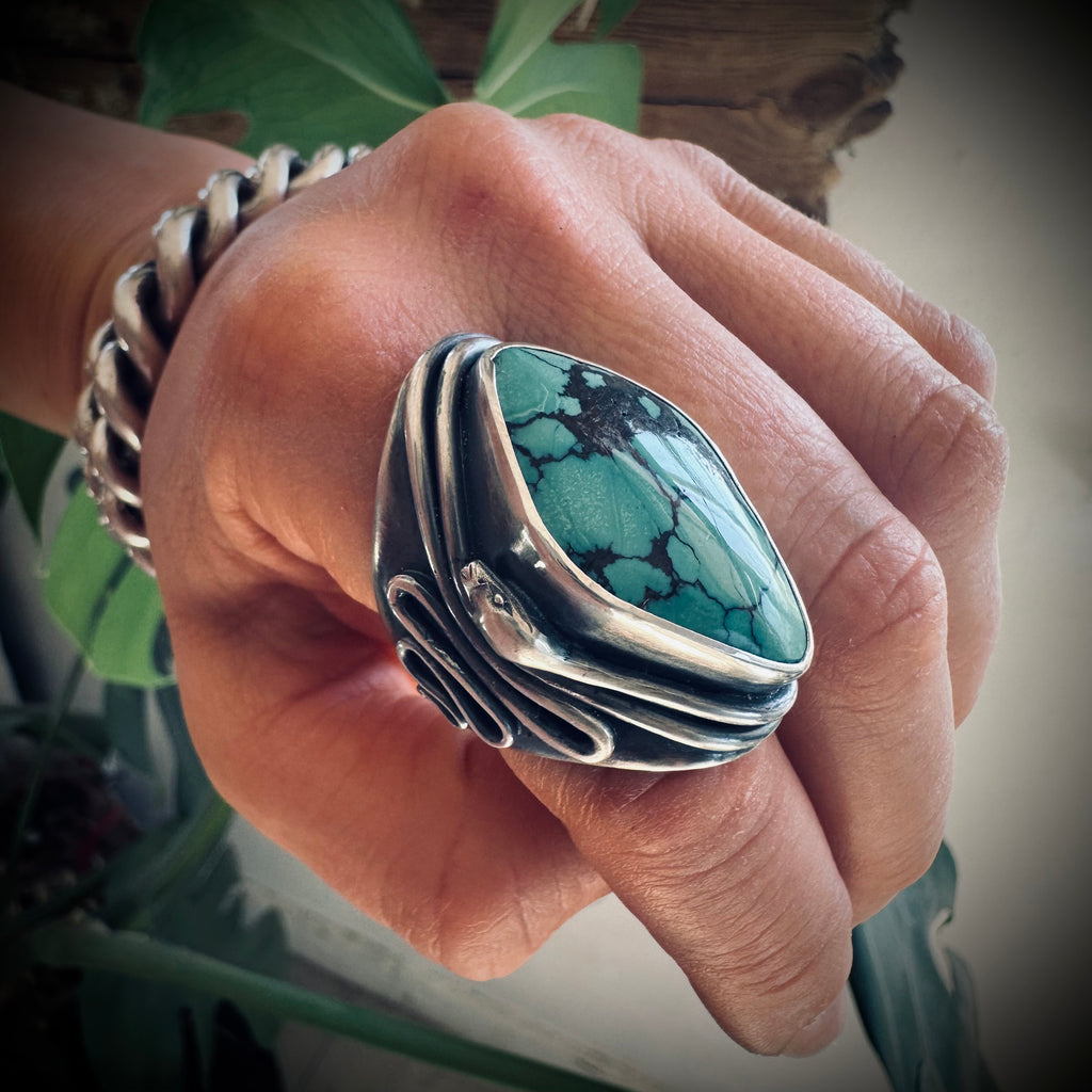 Size 7.5 (O) Sterling silver hallmarked double wrapped snake and turquoise ring