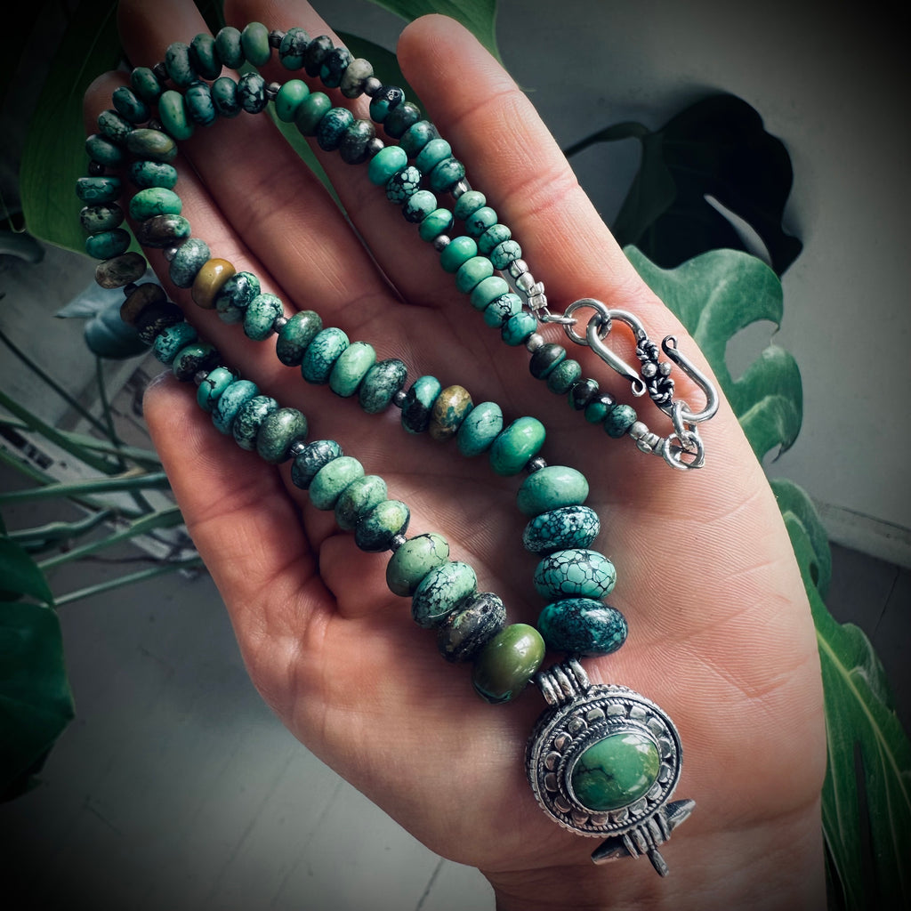 18” vintage chunky turquoise bead necklace with prayer box in sterling silver