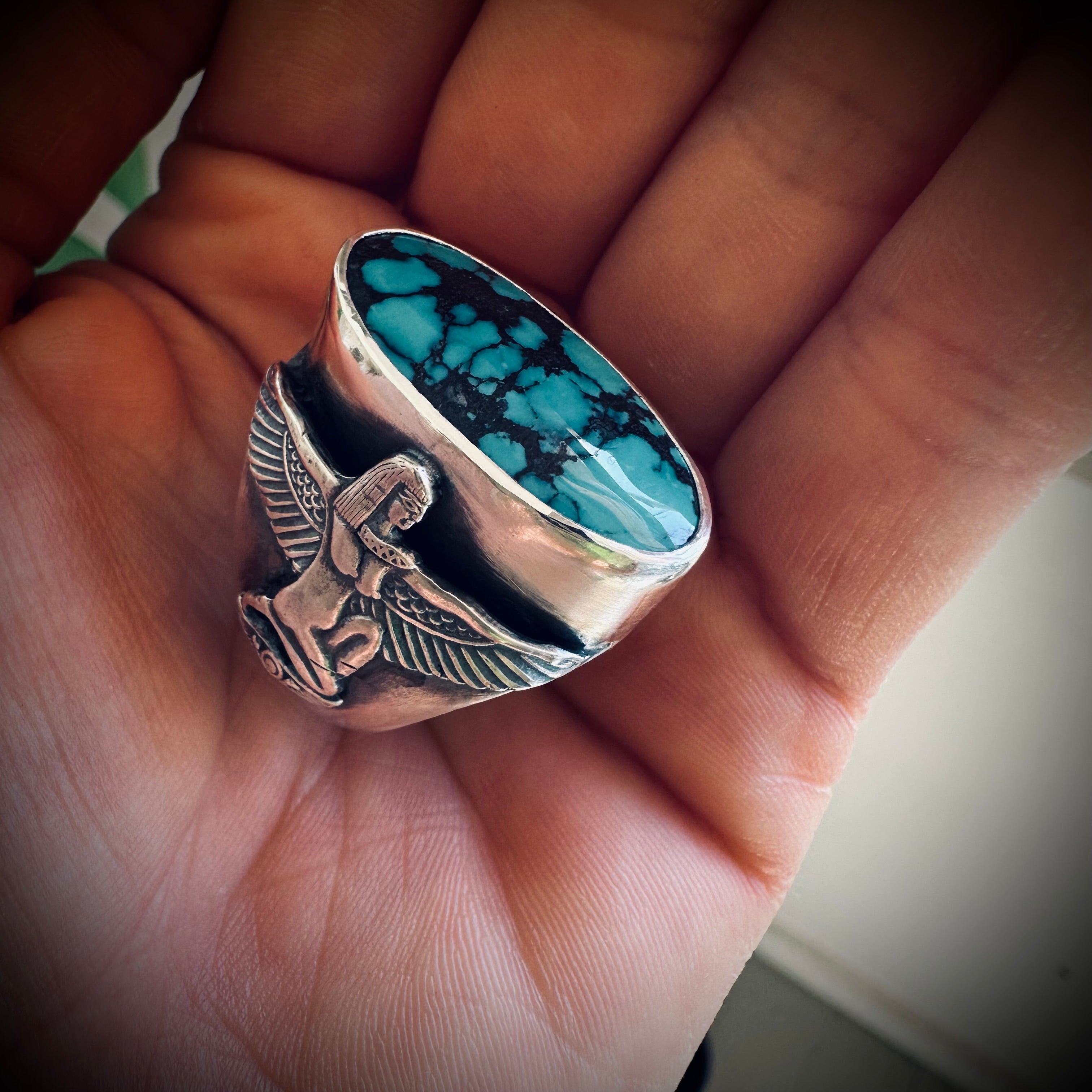 Size 8.5 (Q 1/2) Sterling silver hallmarked turquoise winged Isis ring
