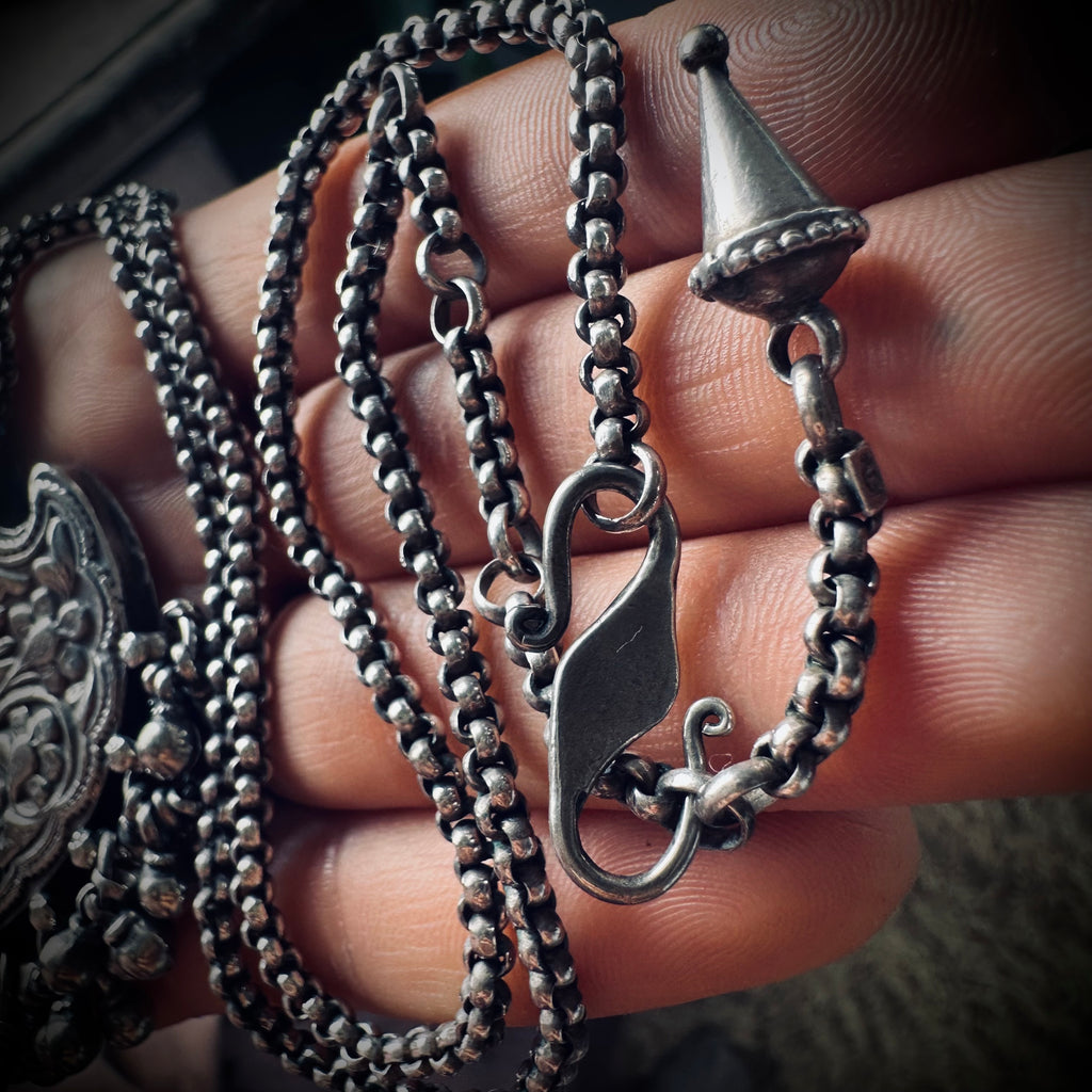 Vintage large silver patterned talisman pendant with bells on 22” adjustable chain