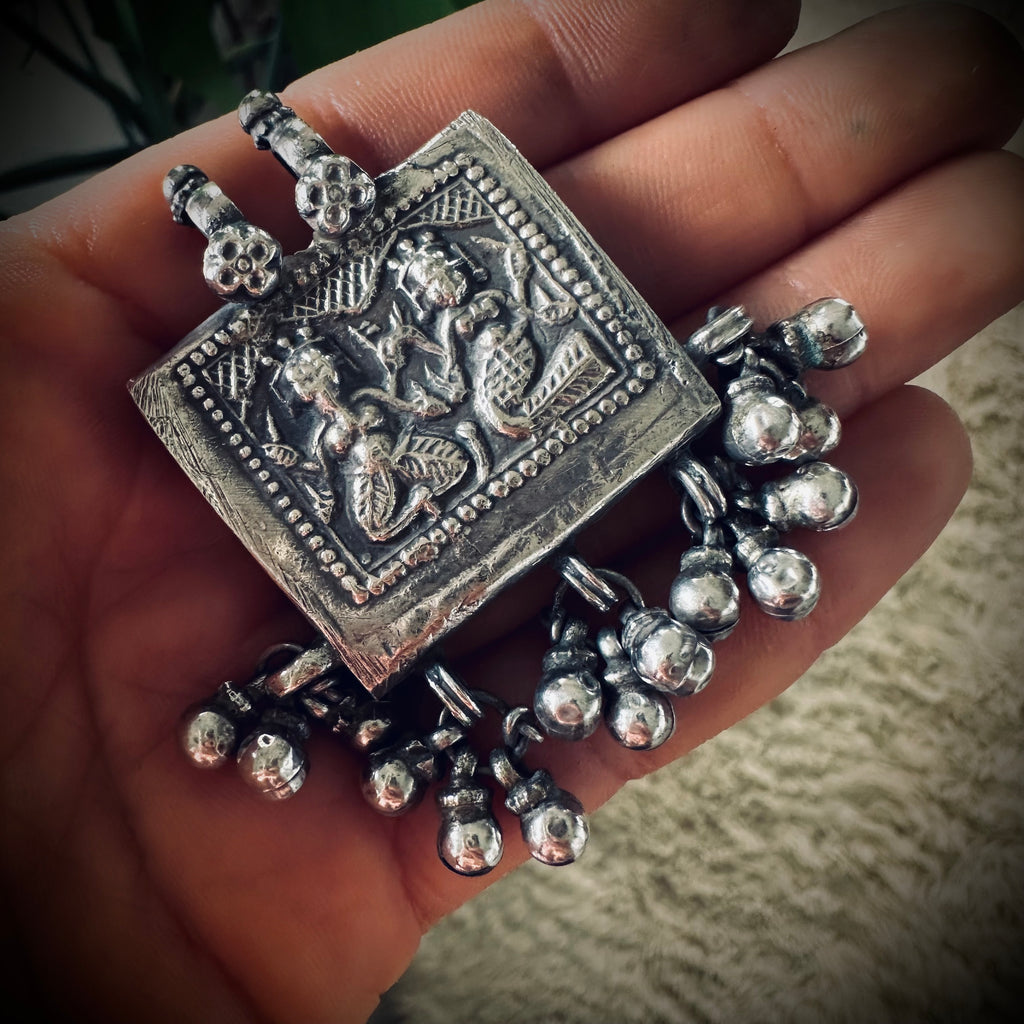 Vintage large silver deity talisman pendant with bells (heavy)