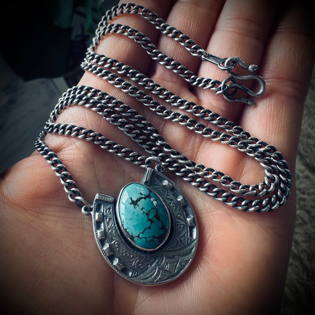 Sterling silver hallmarked lucky horseshoe necklace with turquoise and 20” chain