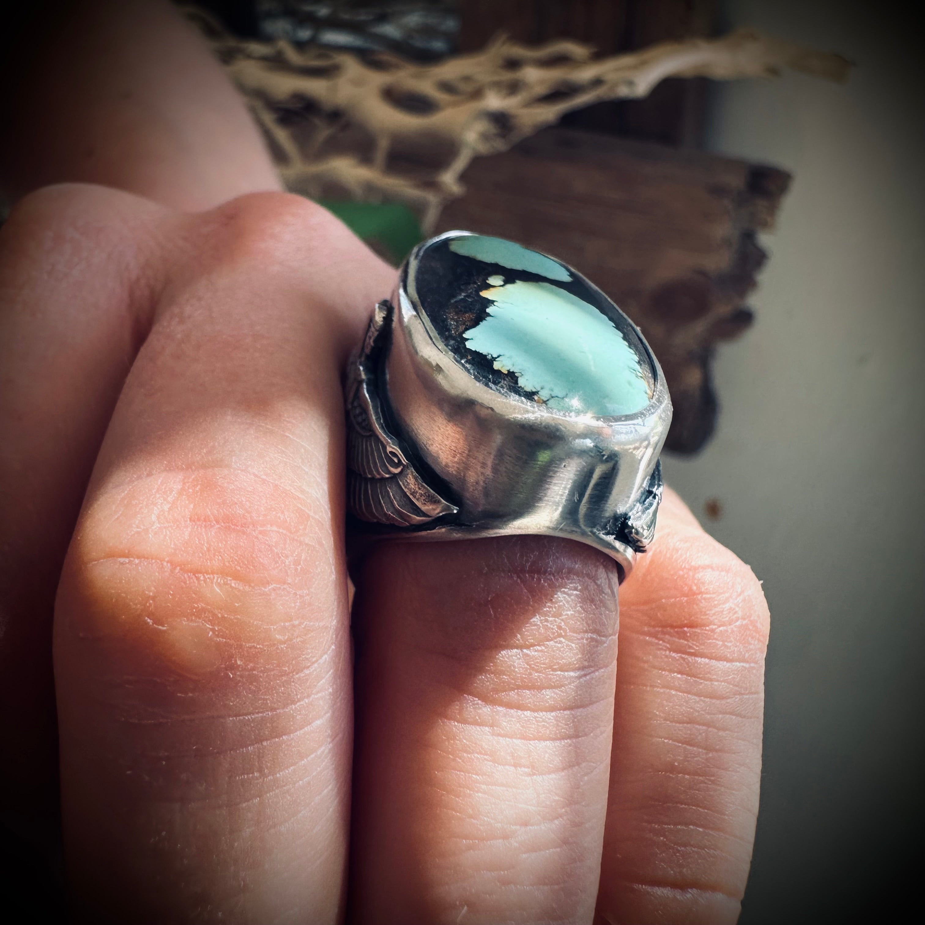 Size 6.5 (M 1/2) Sterling silver hallmarked turquoise winged Isis ring