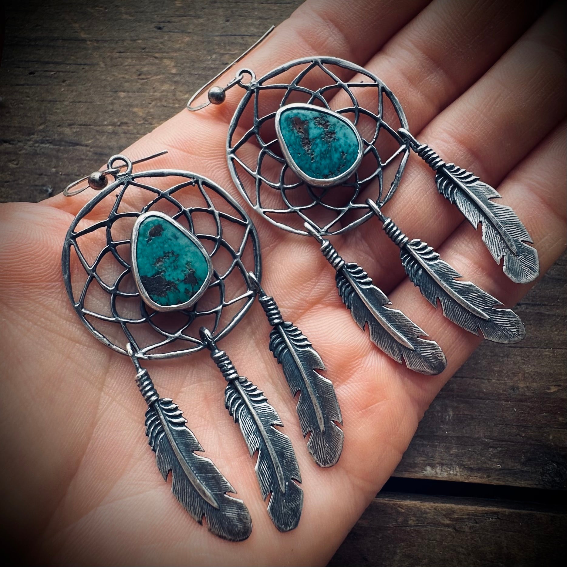 Vintage large statement dreamcatcher feather earrings with turquoise in sterling silver