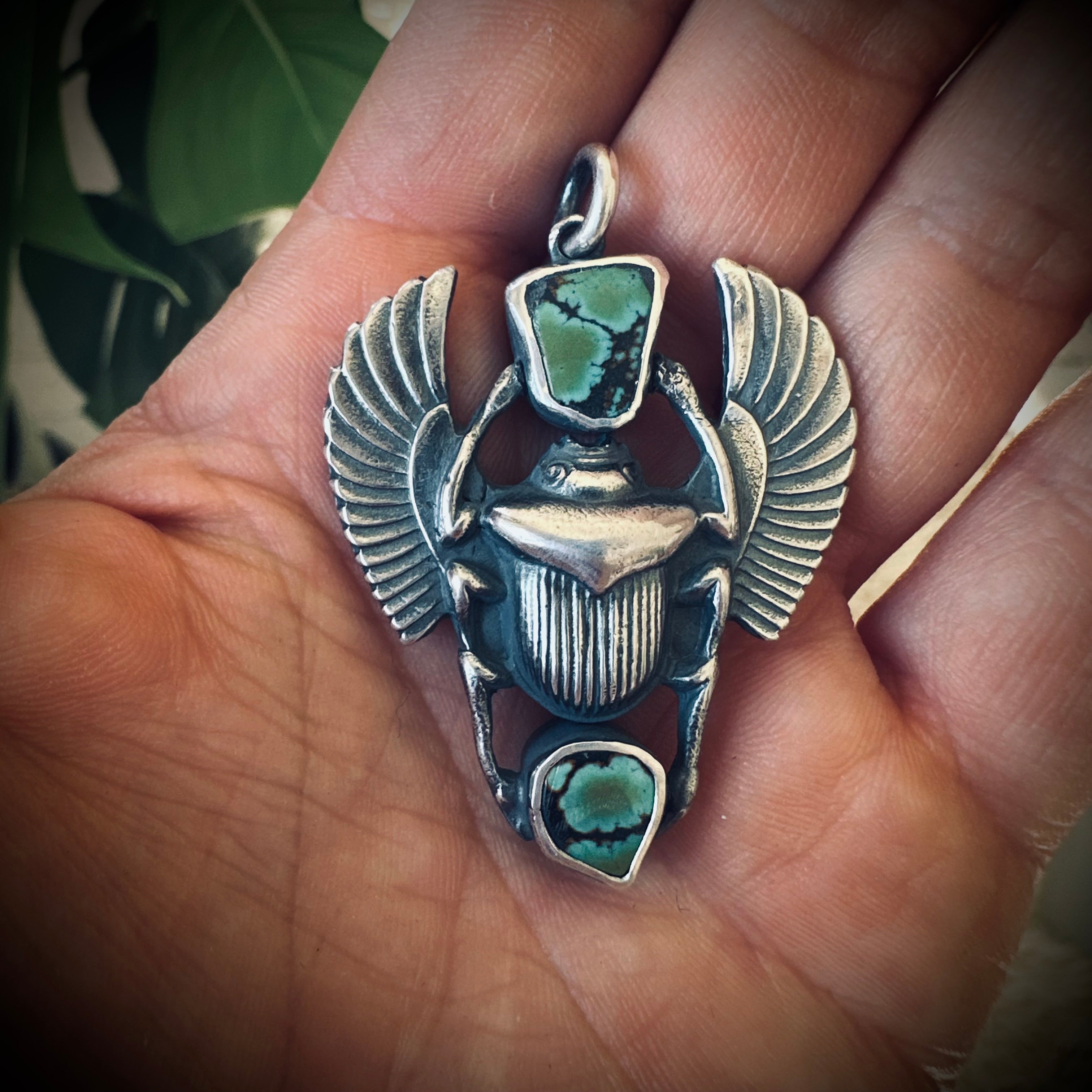 Sterling silver hallmarked scarab pendant with turquoise