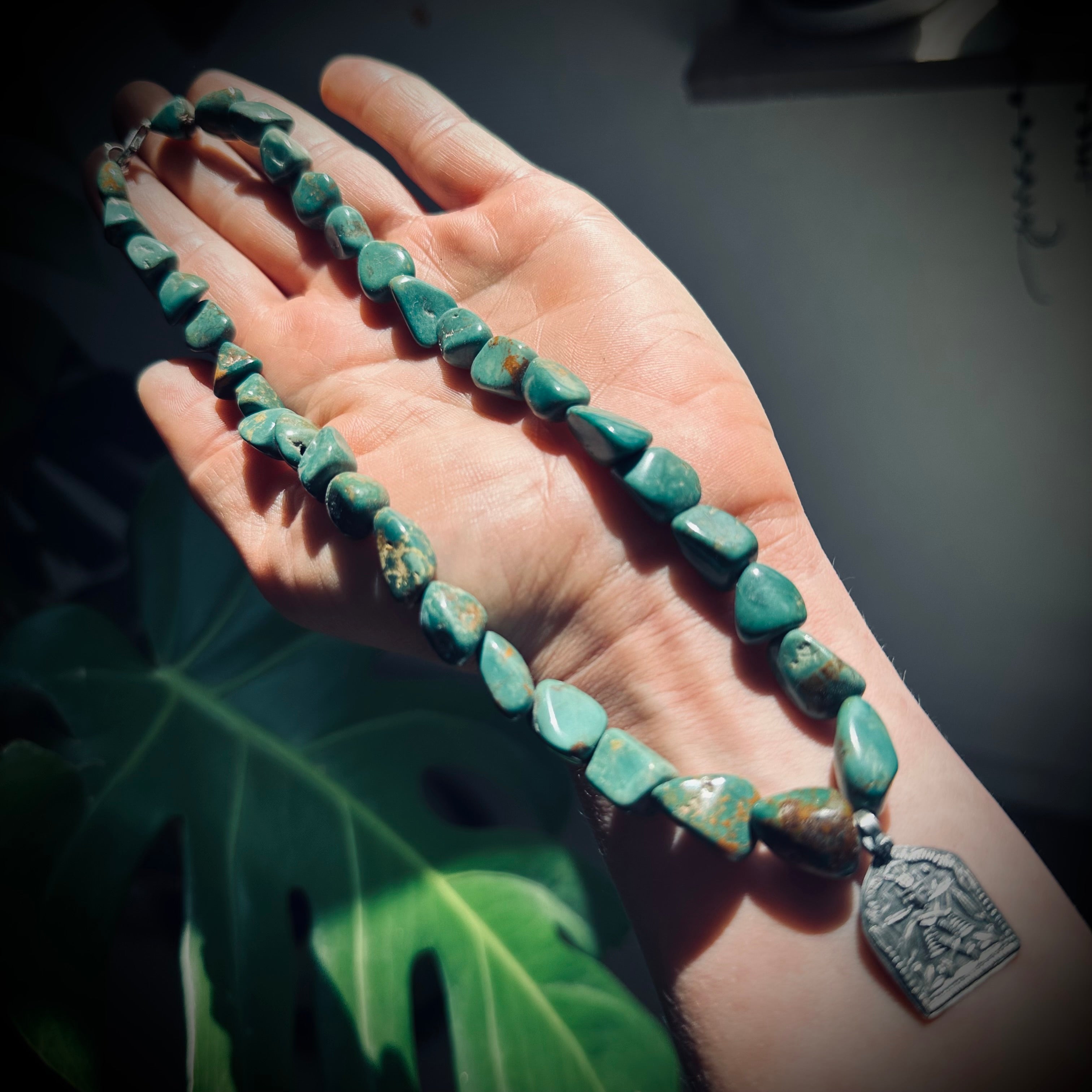 15” reworked chunky turquoise bead necklace with spiritual talisman in sterling silver