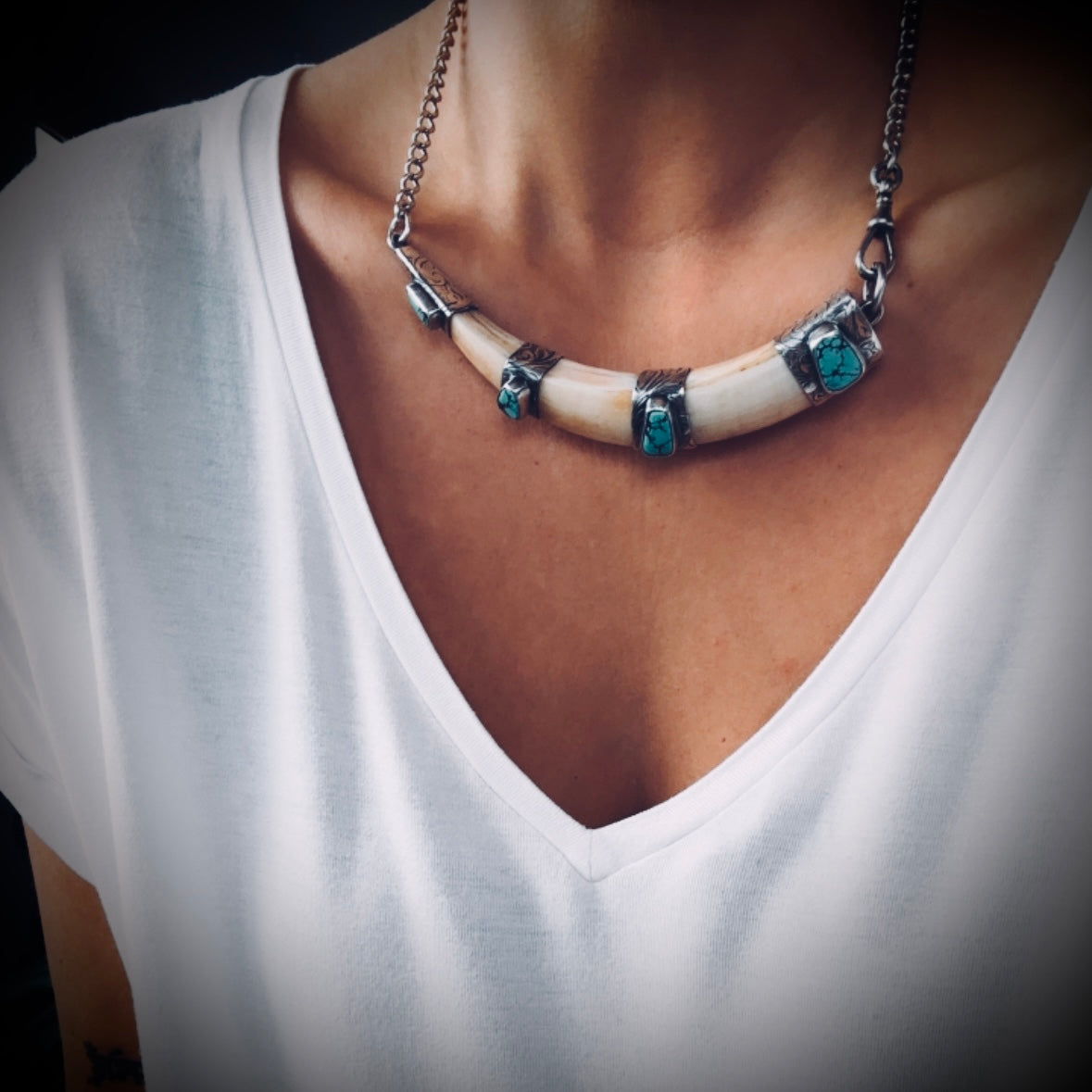 XL 5” reworked vintage tusk with turquoise in hallmarks sterling silver - 18” total length