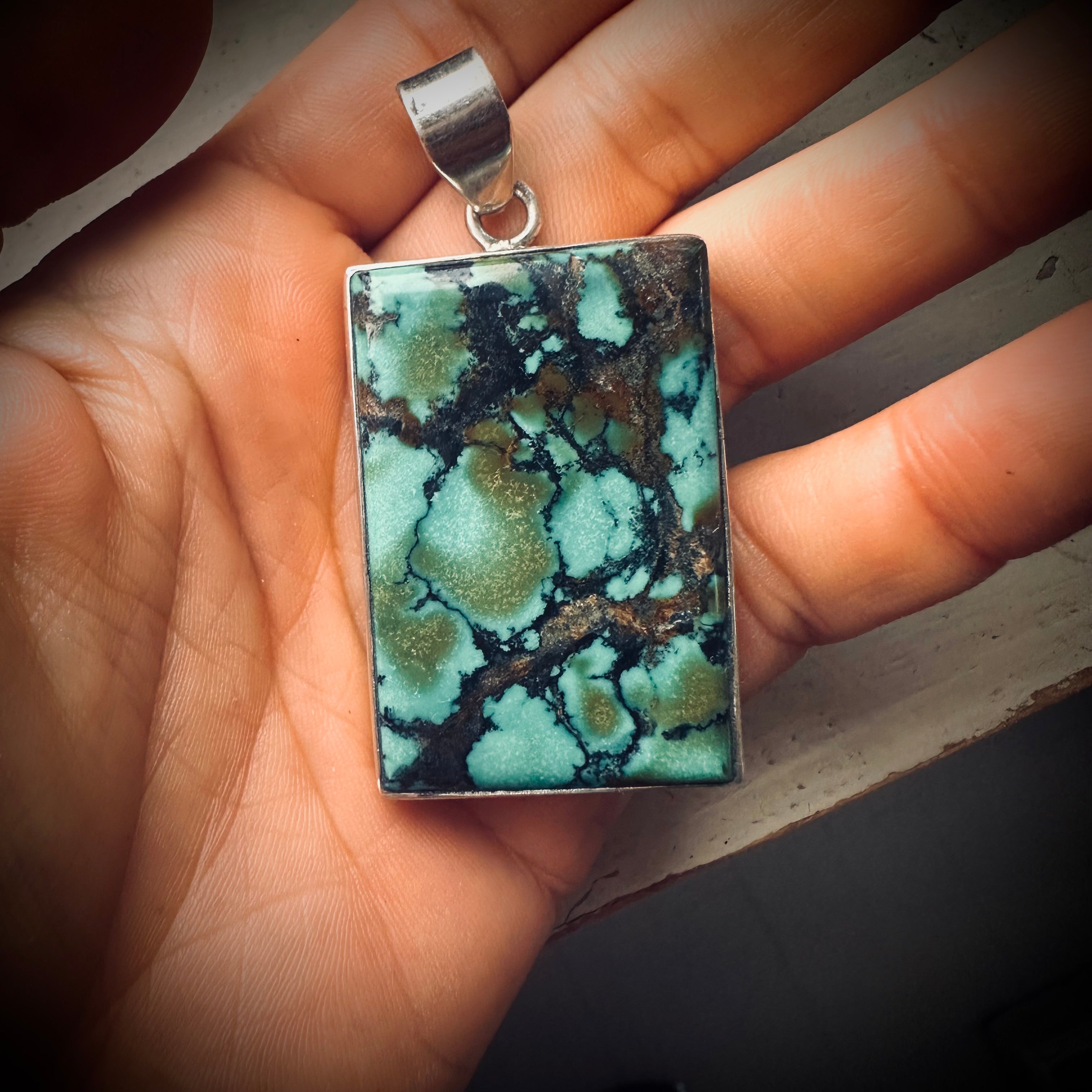 Big and heavy vintage turquoise pendant with chunky sterling silver setting
