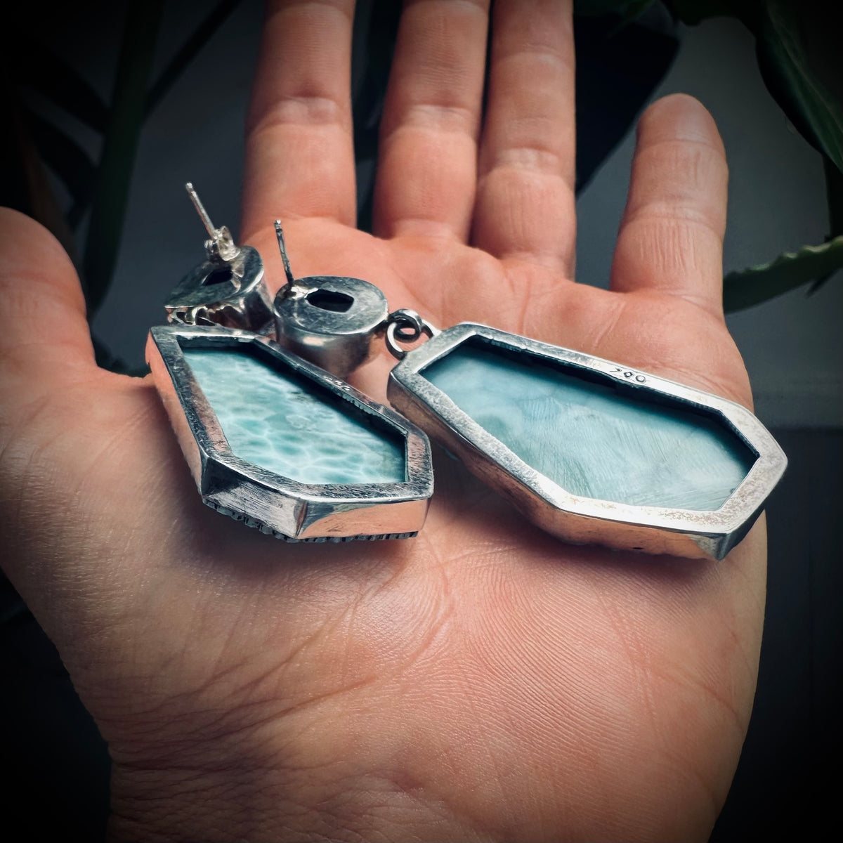Vintage aquamarine and larimer statement earrings in sterling silver, 15g each