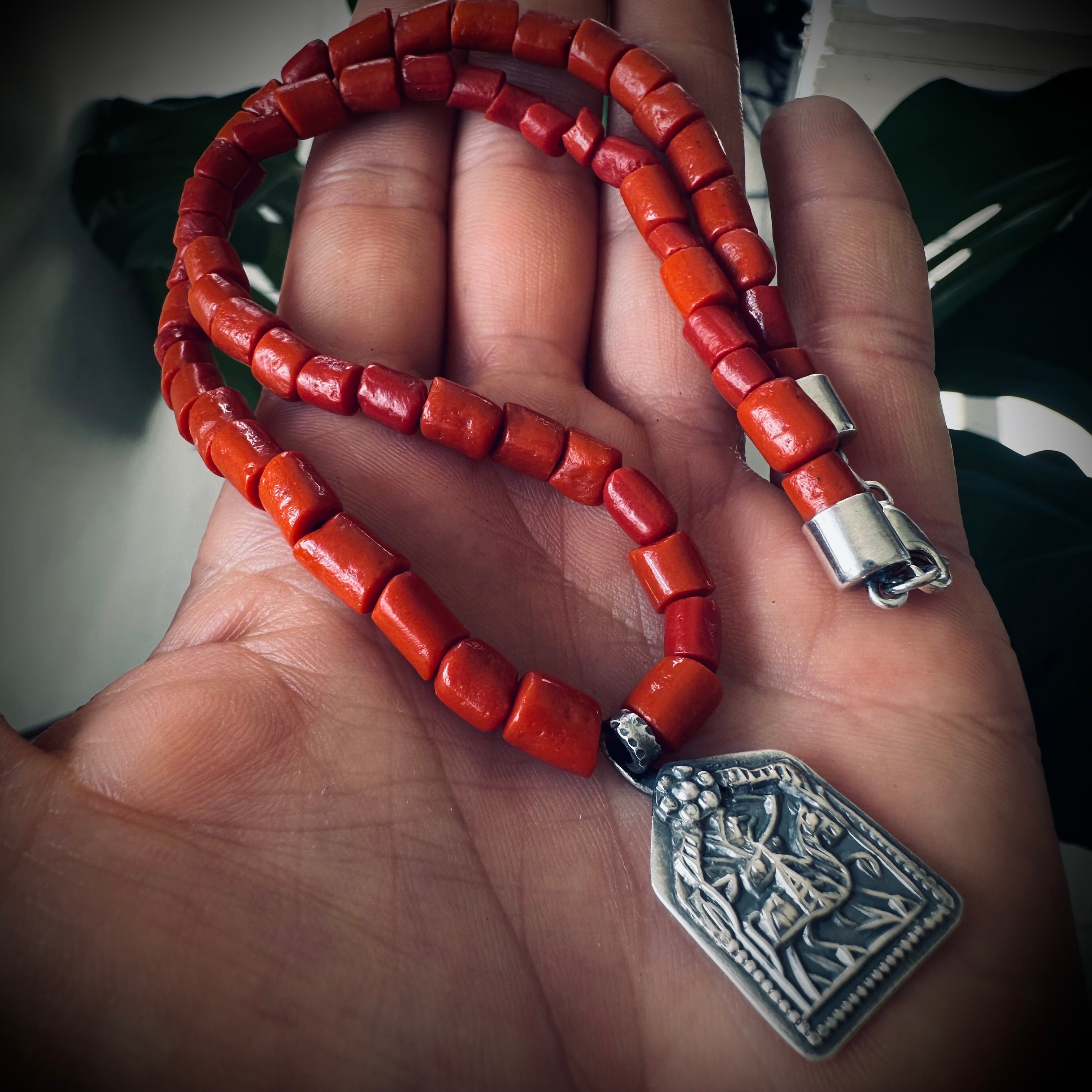15” reworked red coral bead necklace with spiritual talisman in sterling silver