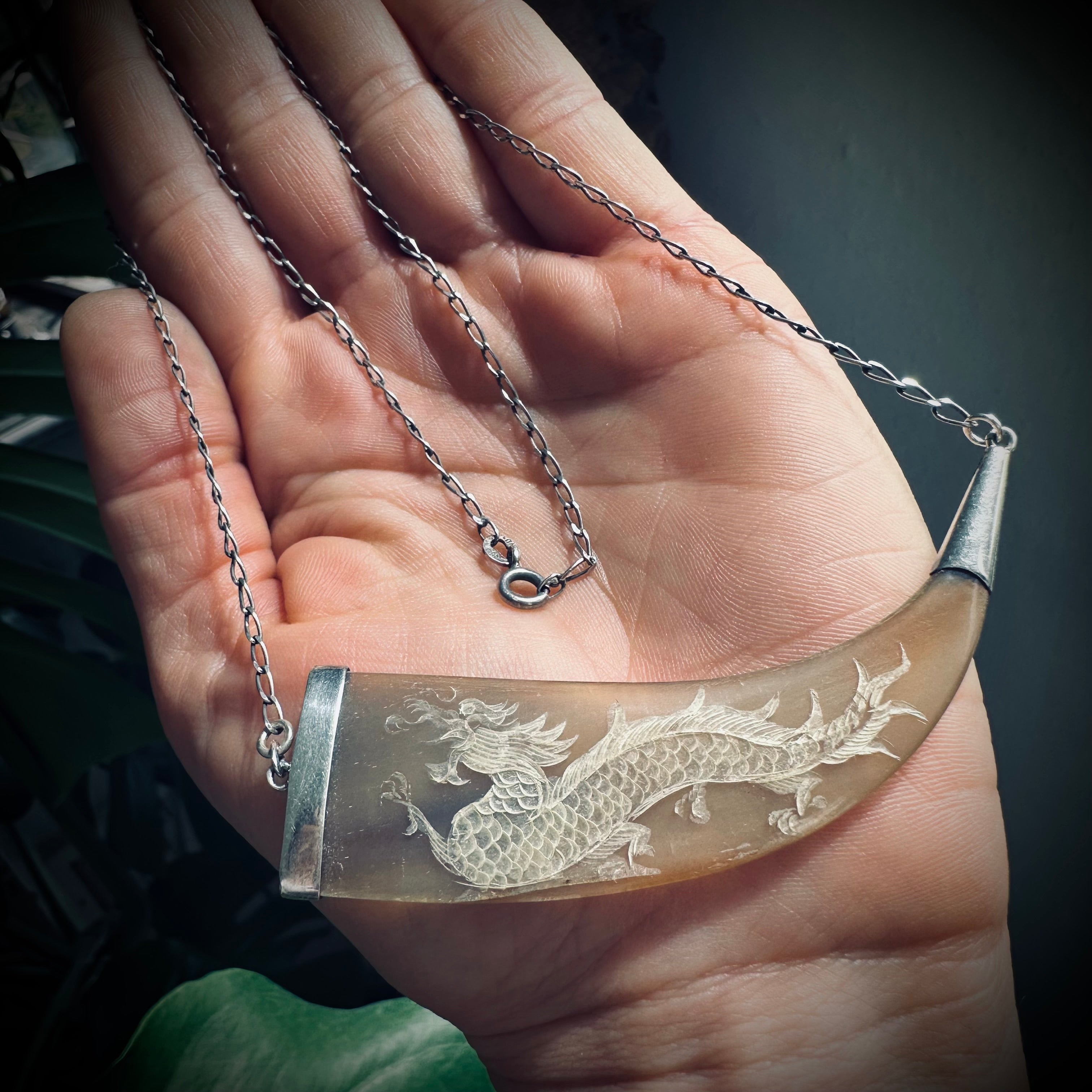 21” reworked vintage horn necklace sterling silver with gorgeous carved dragon