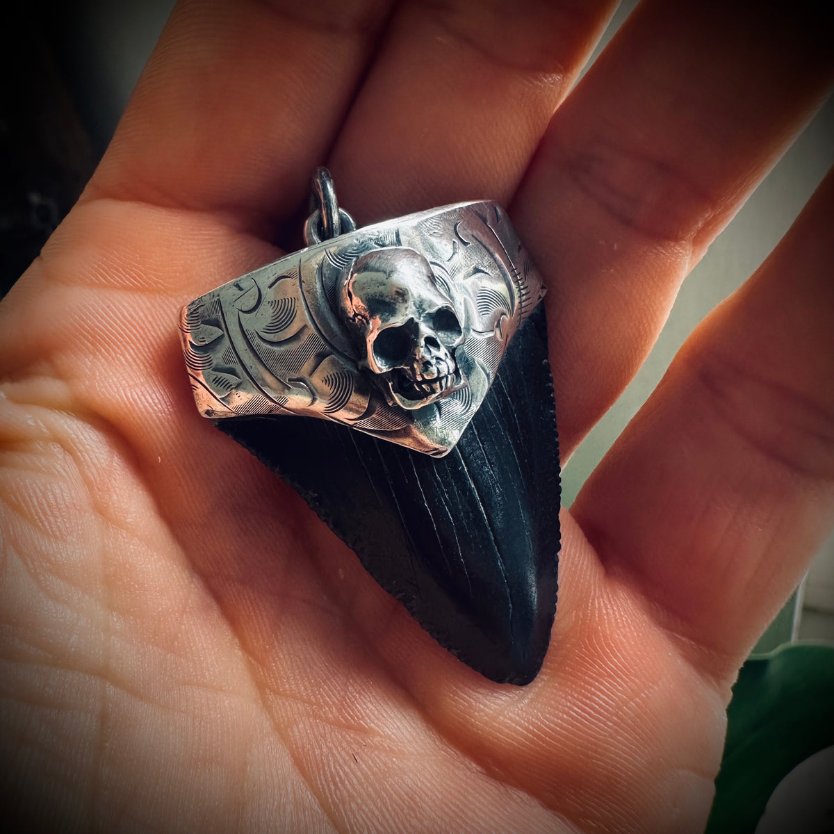 Sterling silver hallmarked fossilised shark tooth pendant