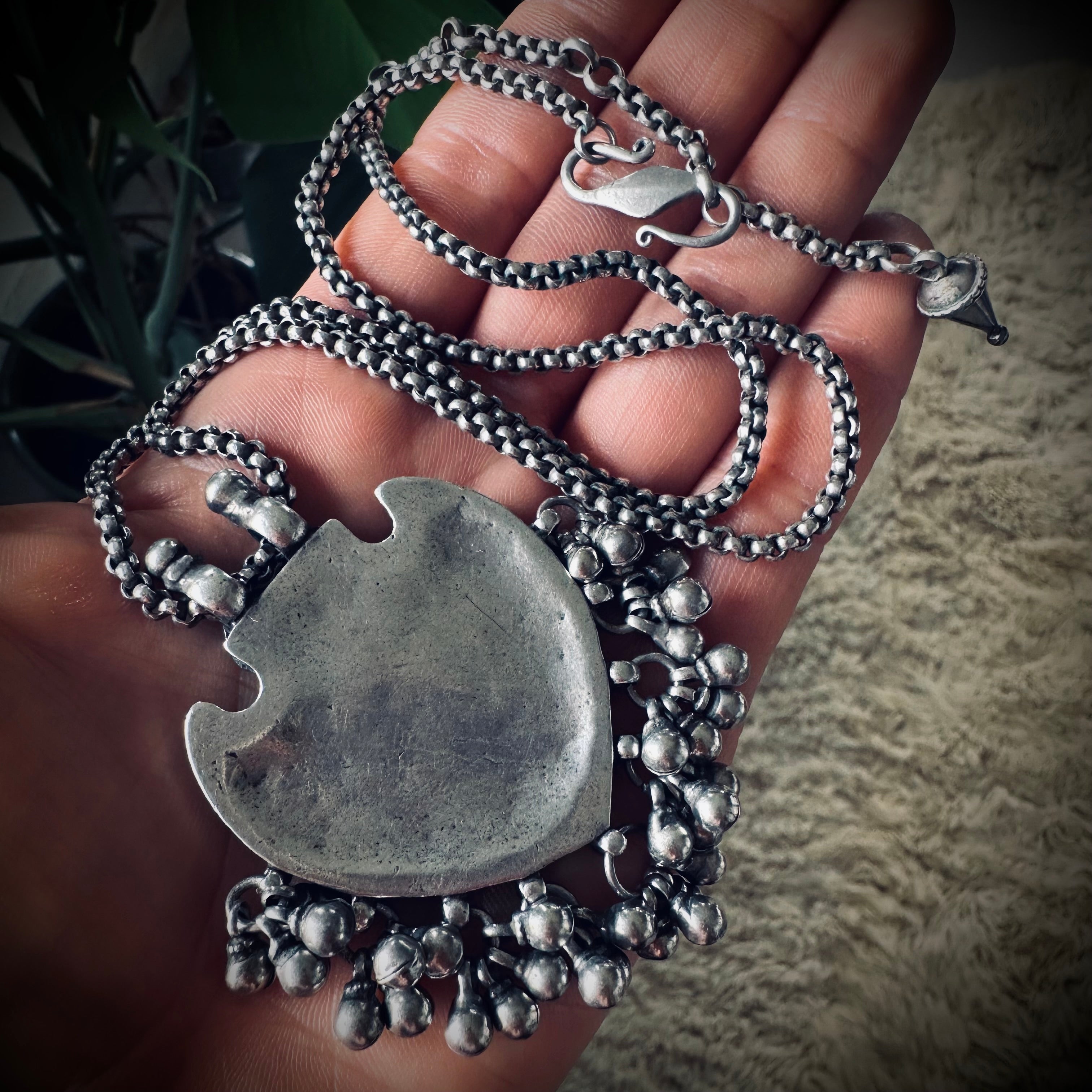 Vintage large silver patterned talisman pendant with bells on 22” adjustable chain