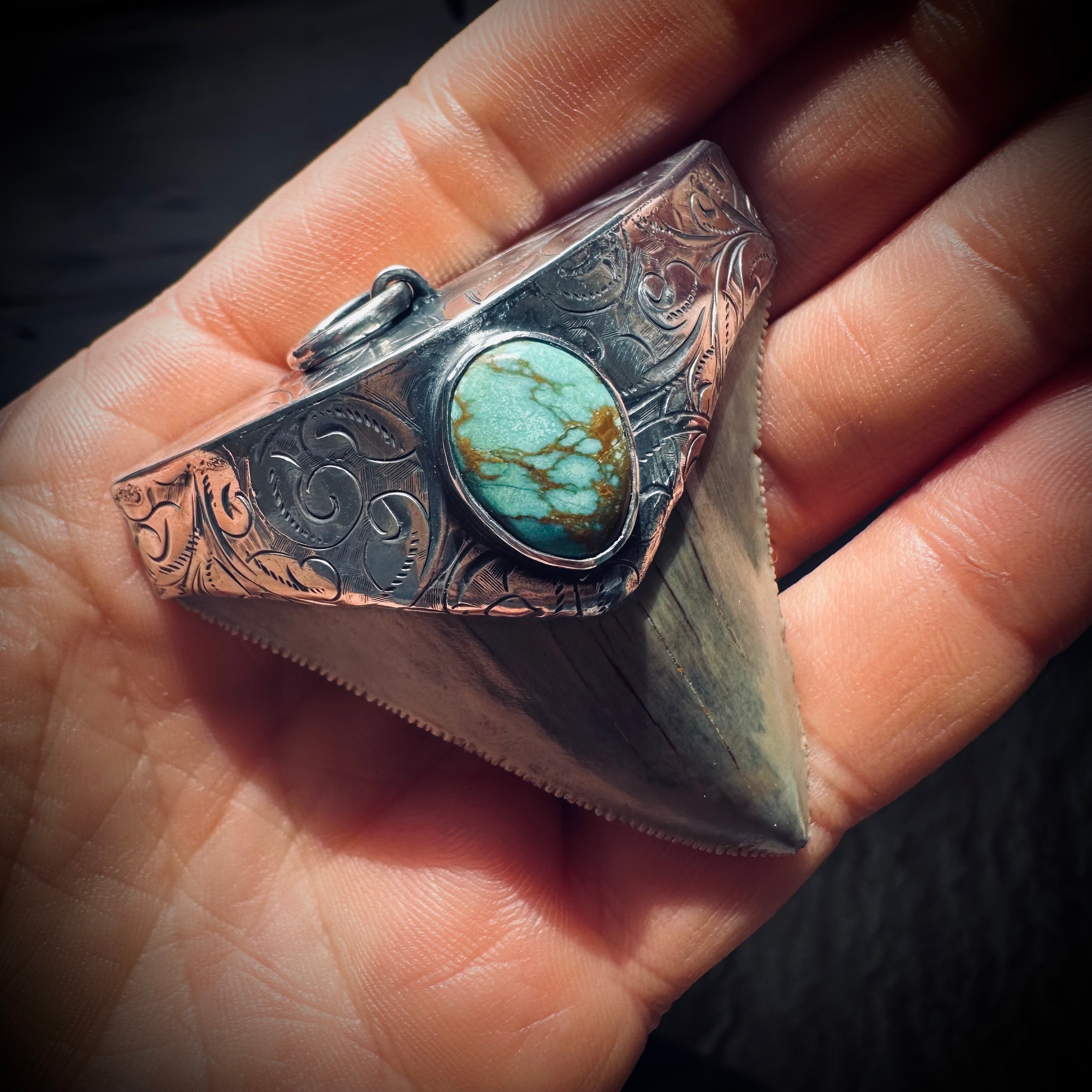 Sterling silver hallmarked fossil shark tooth pendant with turquoise