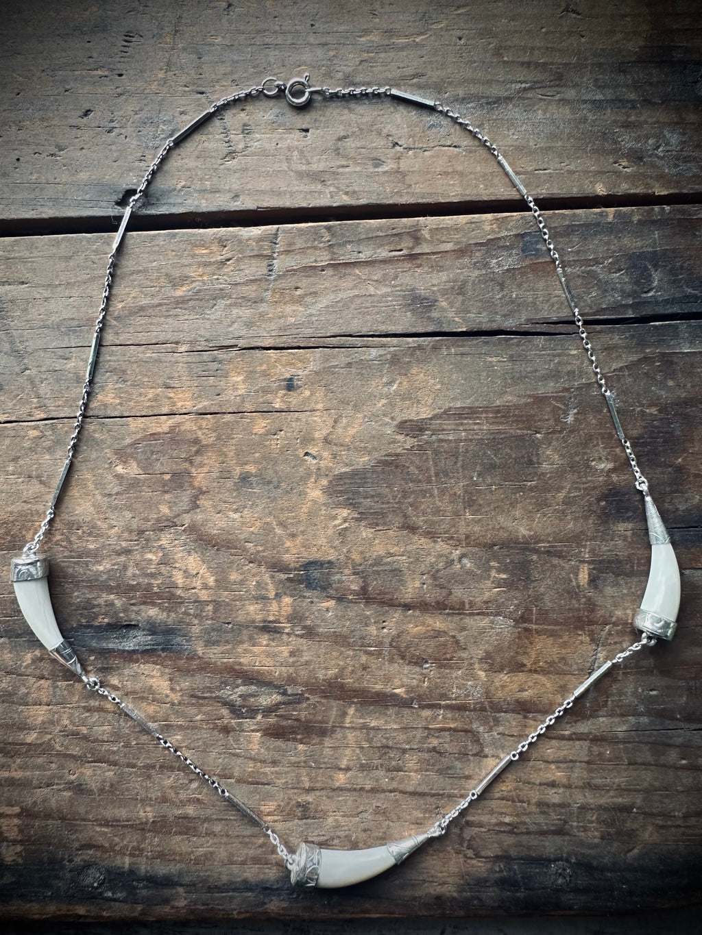 17” reworked vintage chain with 3 bone “tusks” - sterling silver