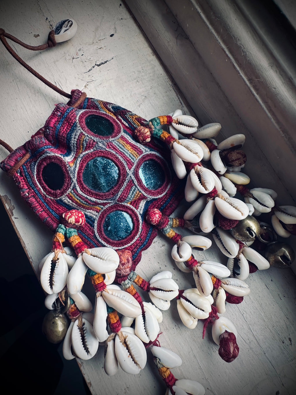 3”x3” Beautiful banjara mini pouch/purse on adjustable string with cowries