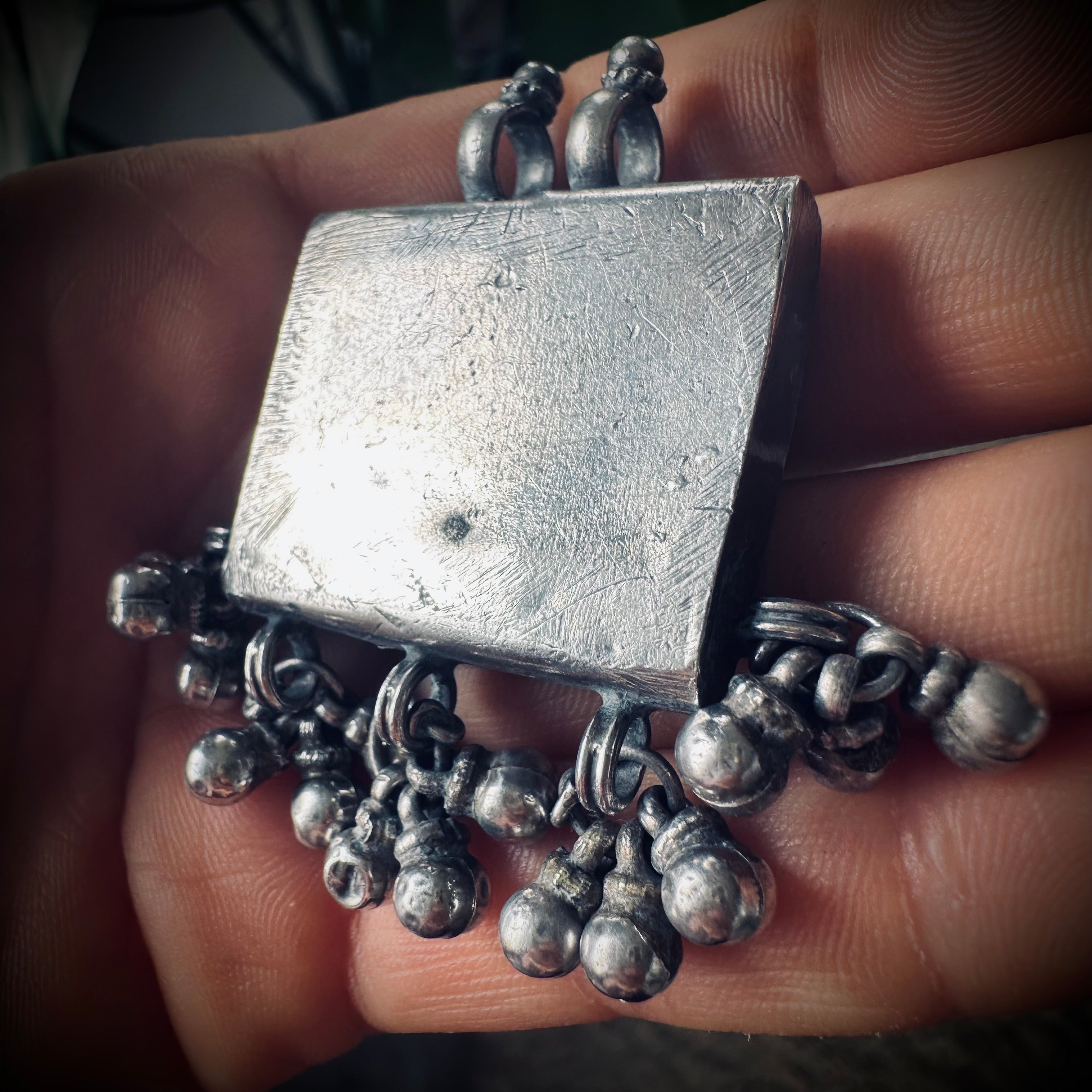 Vintage large silver deity talisman pendant with bells (heavy)