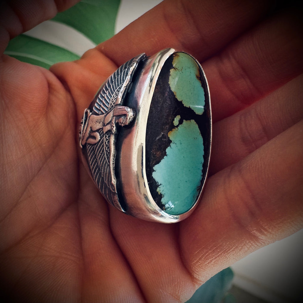 Size 6.5 (M 1/2) Sterling silver hallmarked turquoise winged Isis ring