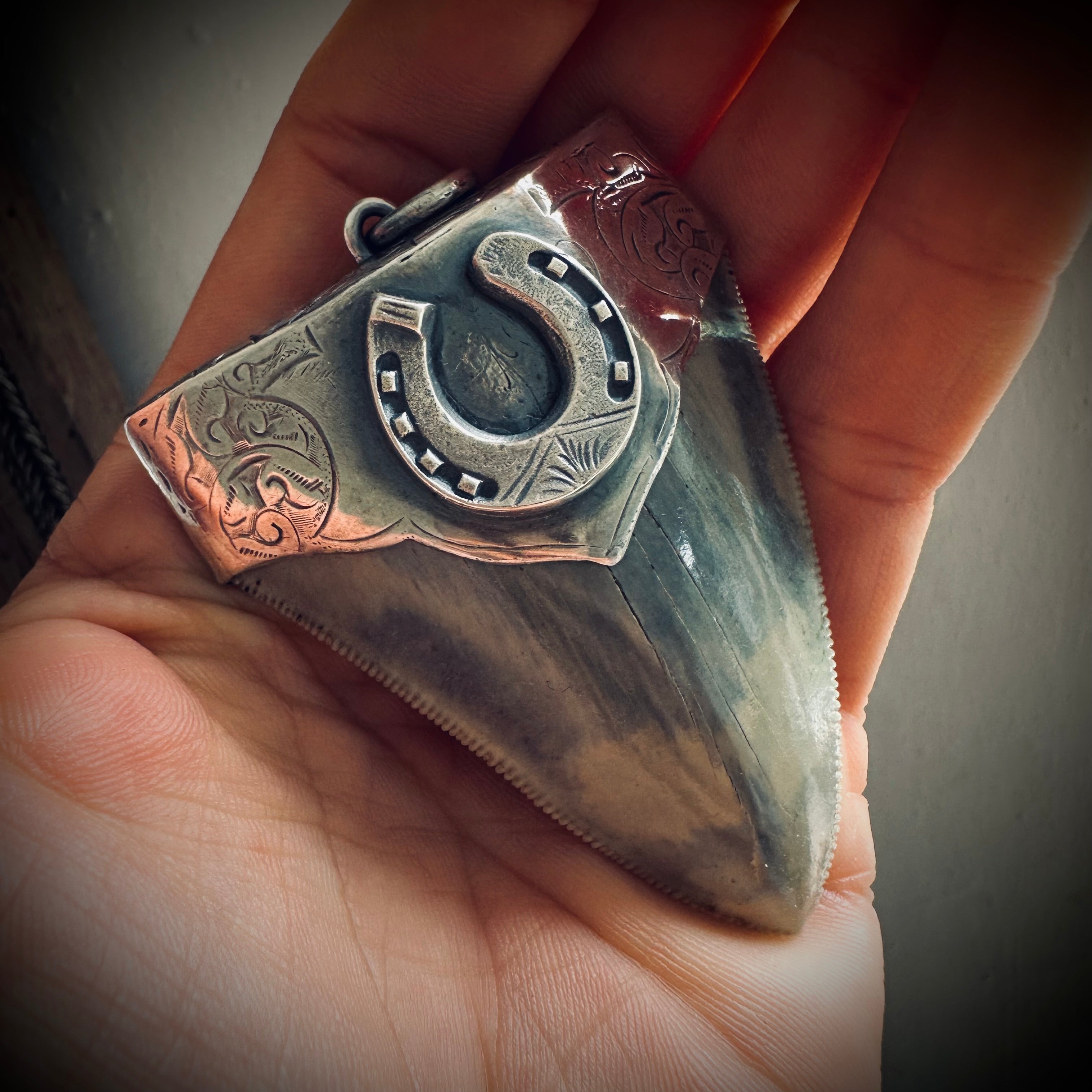 XL Fossilised shark tooth pendant in engraved hallmarked sterling silver