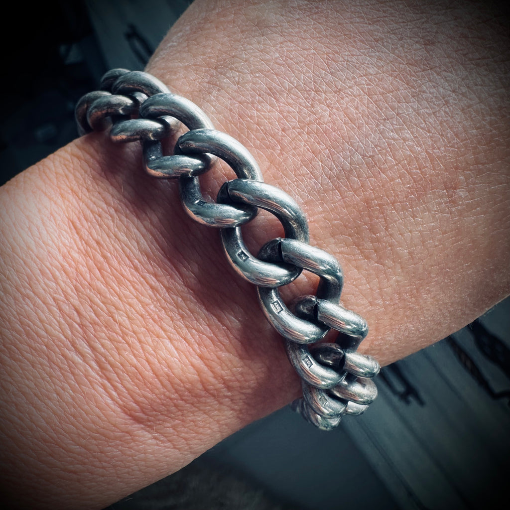 Vintage large 10” 65g sterling silver chain bracelet - hallmarked on each link (10mm wide open links)