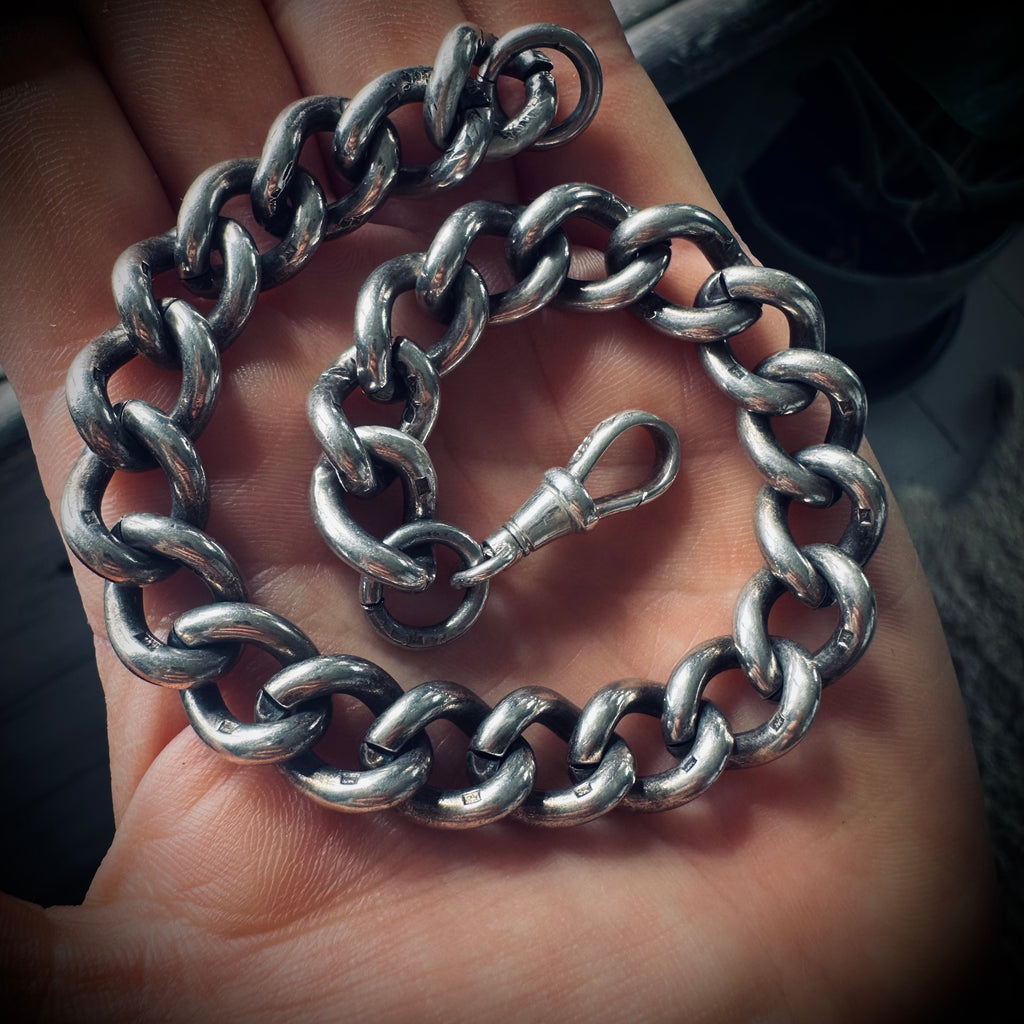 Vintage large 10” 65g sterling silver chain bracelet - hallmarked on each link (10mm wide open links)
