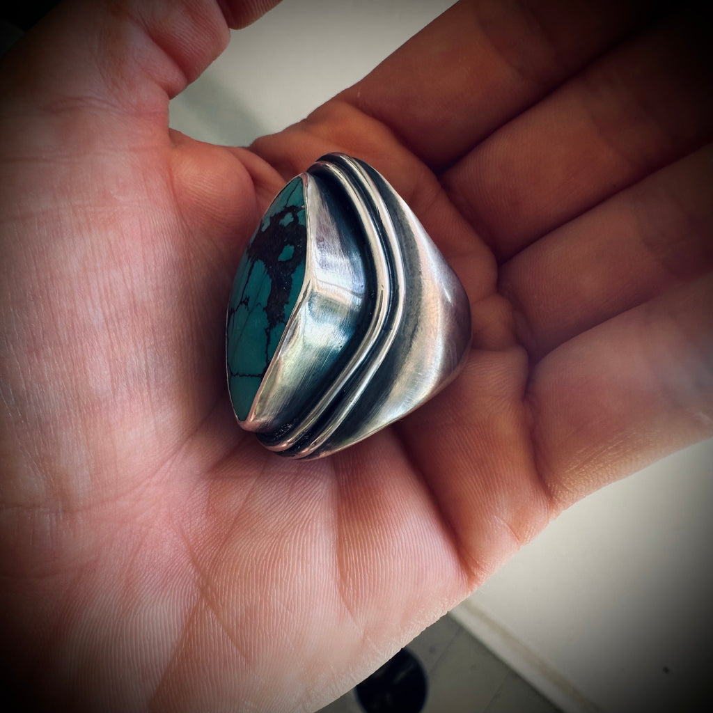 Size 7.5 (O) Sterling silver hallmarked double wrapped snake and turquoise ring