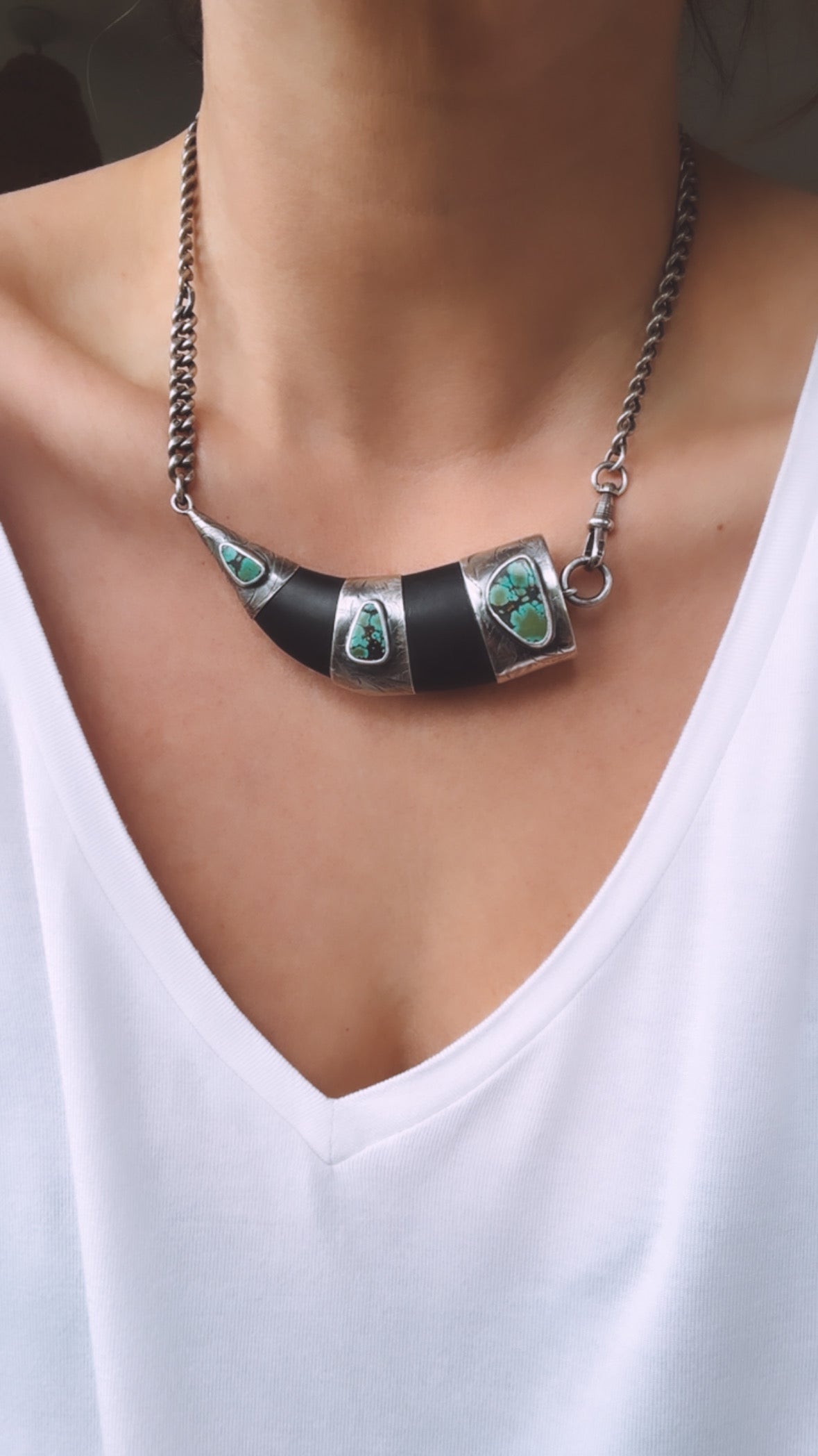 20” onyx tusk necklace in hallmarked sterling silver with turquoise and vintage chain