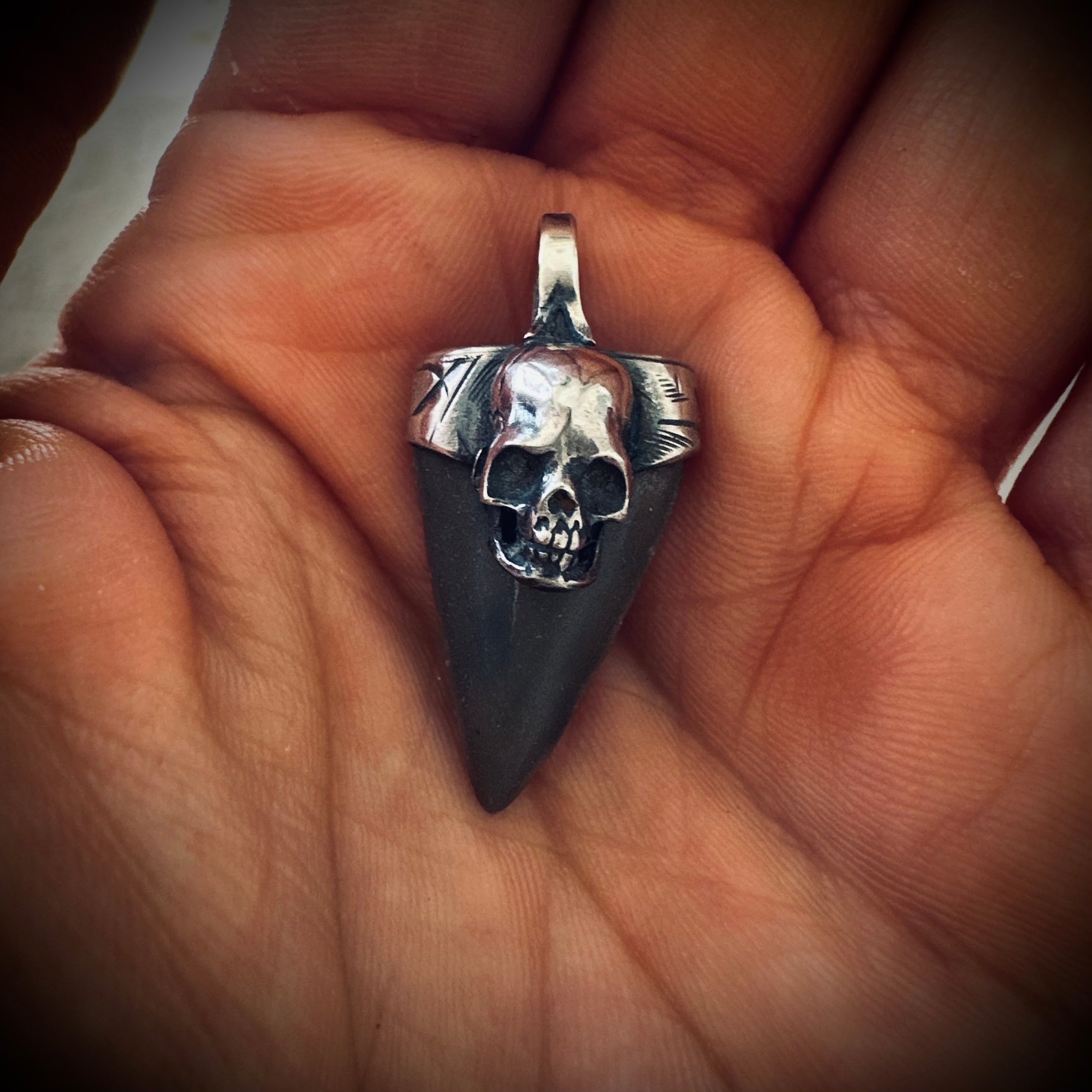 Sterling silver hallmarked fossil shark tooth pendant with skull