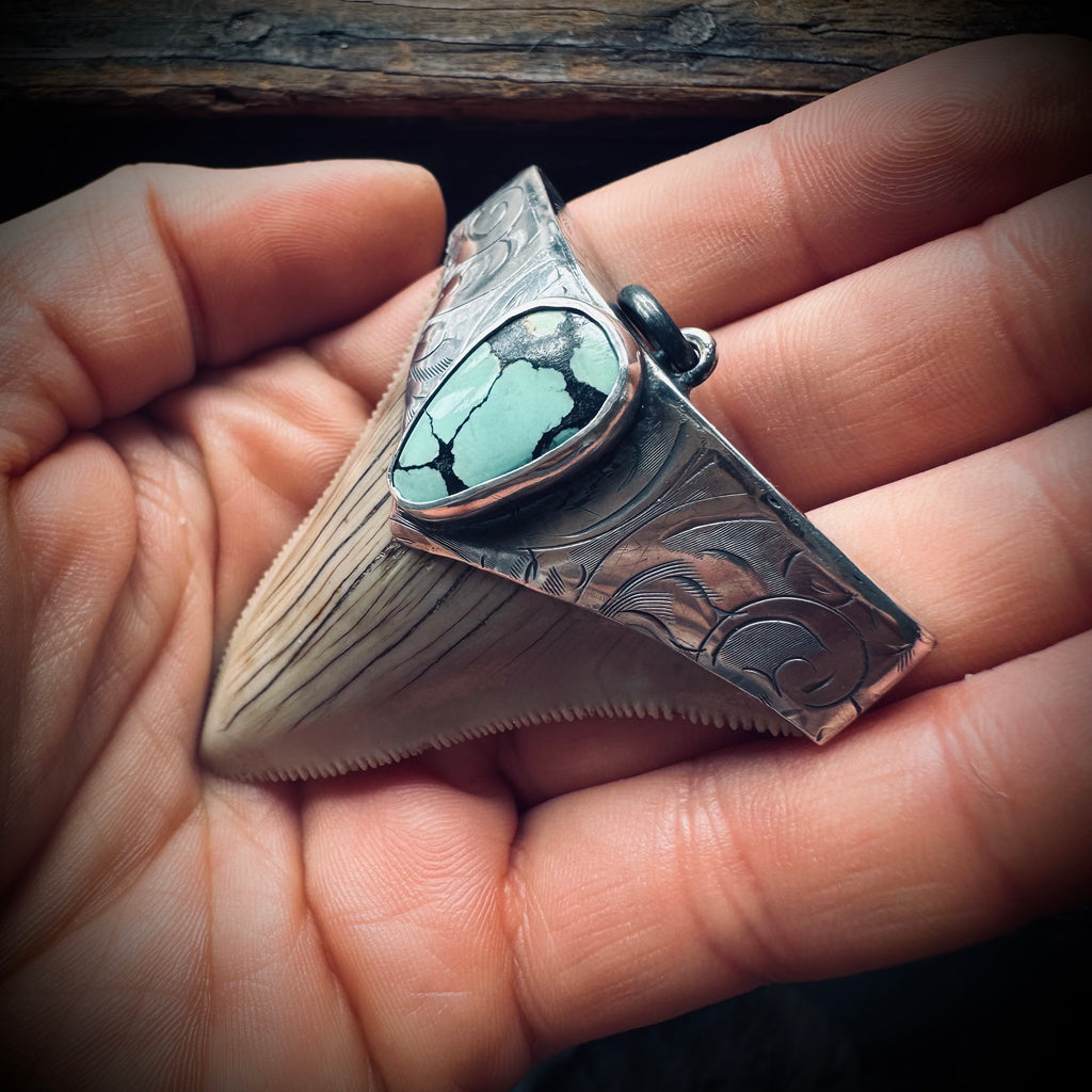 Sterling silver hallmarked fossil shark tooth pendant with turquoise