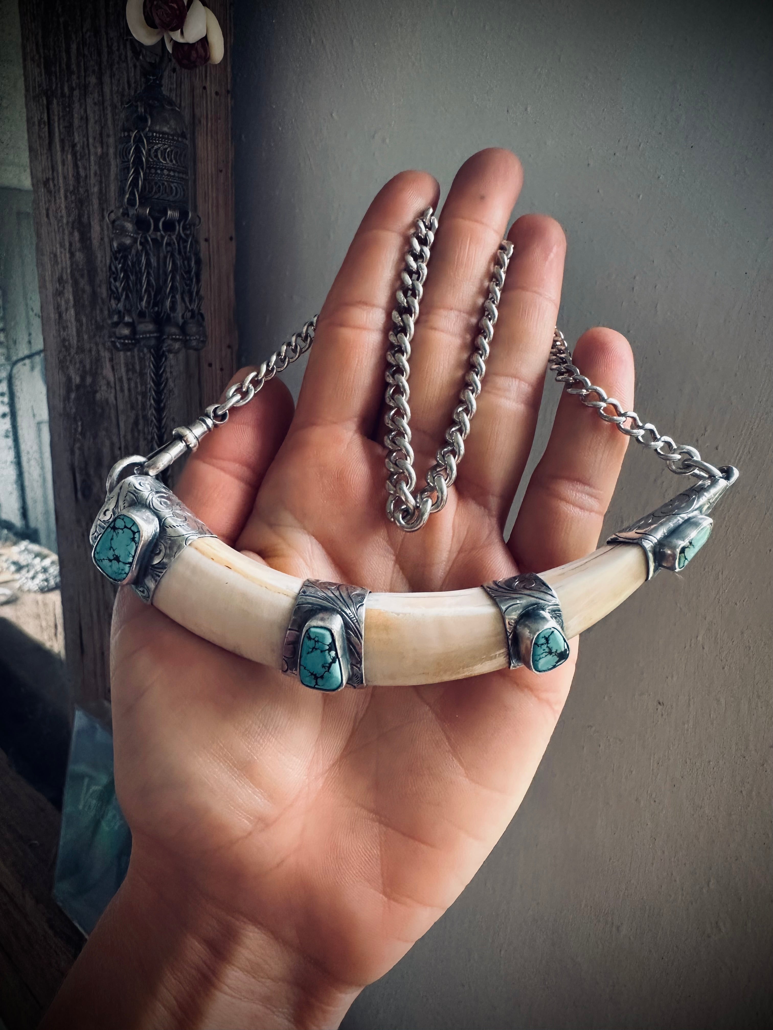 XL 5” reworked vintage tusk with turquoise in hallmarks sterling silver - 18” total length
