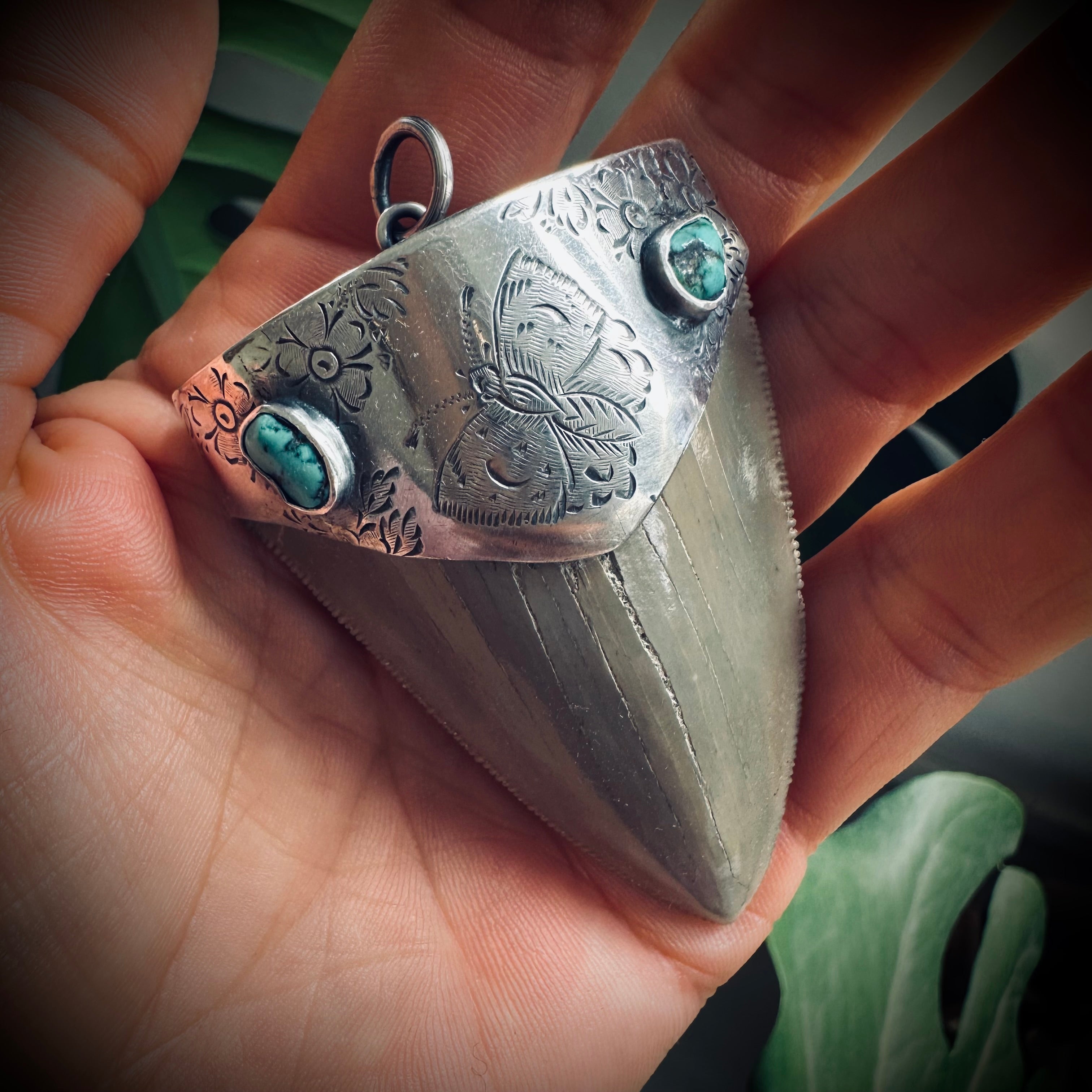 Fossilised shark tooth pendant in engraved hallmarked sterling silver