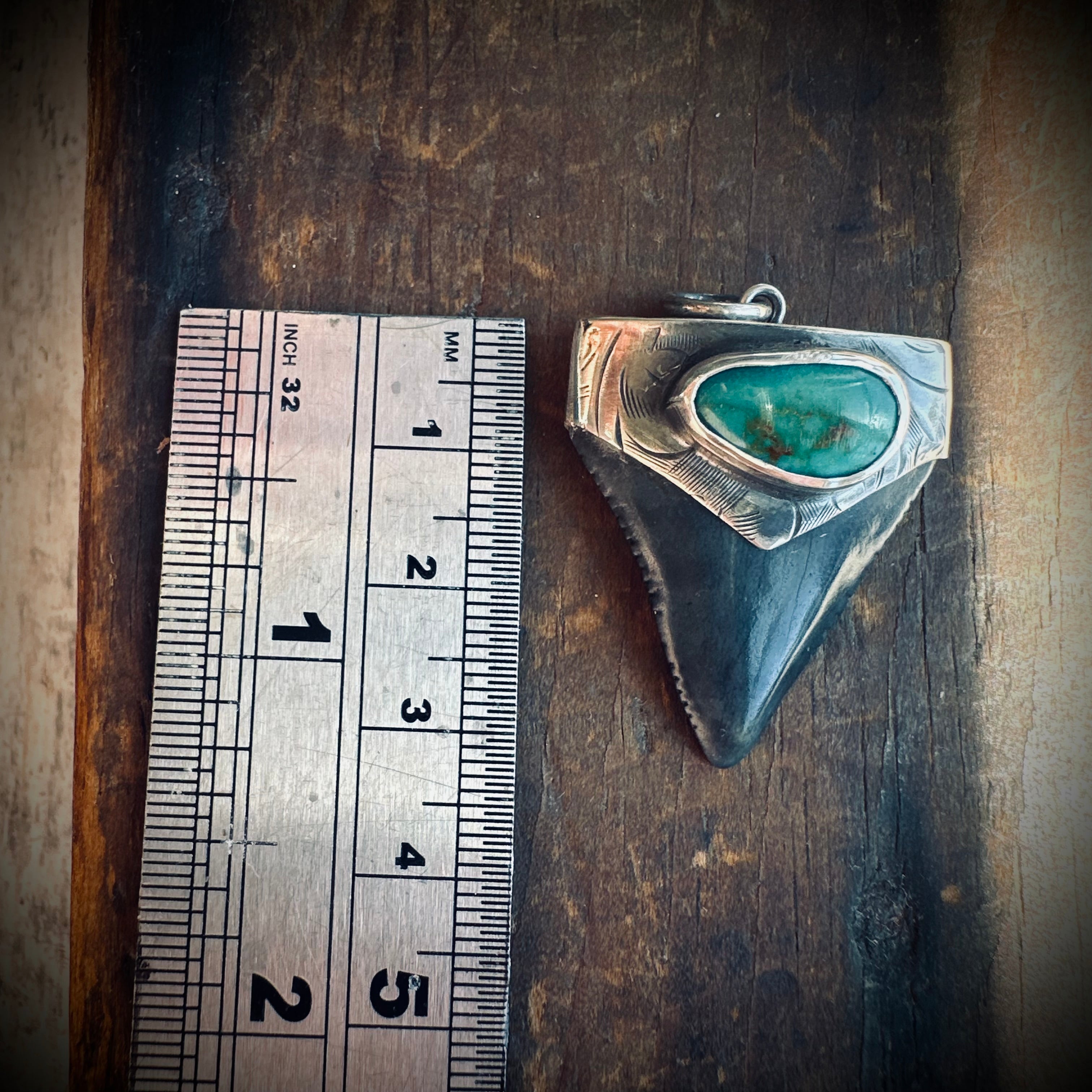 Sterling silver hallmarked fossil shark tooth pendant with turquoise