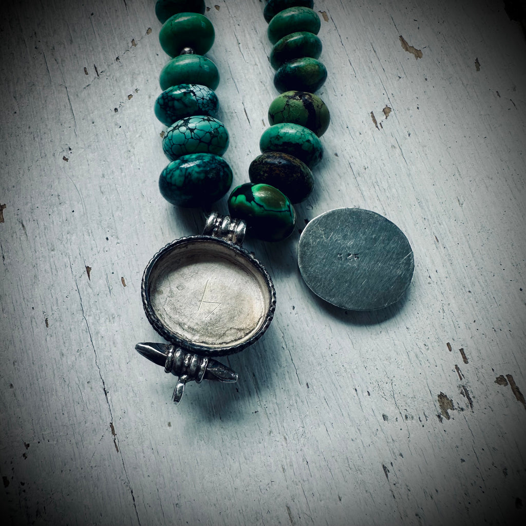 18” vintage chunky turquoise bead necklace with prayer box in sterling silver