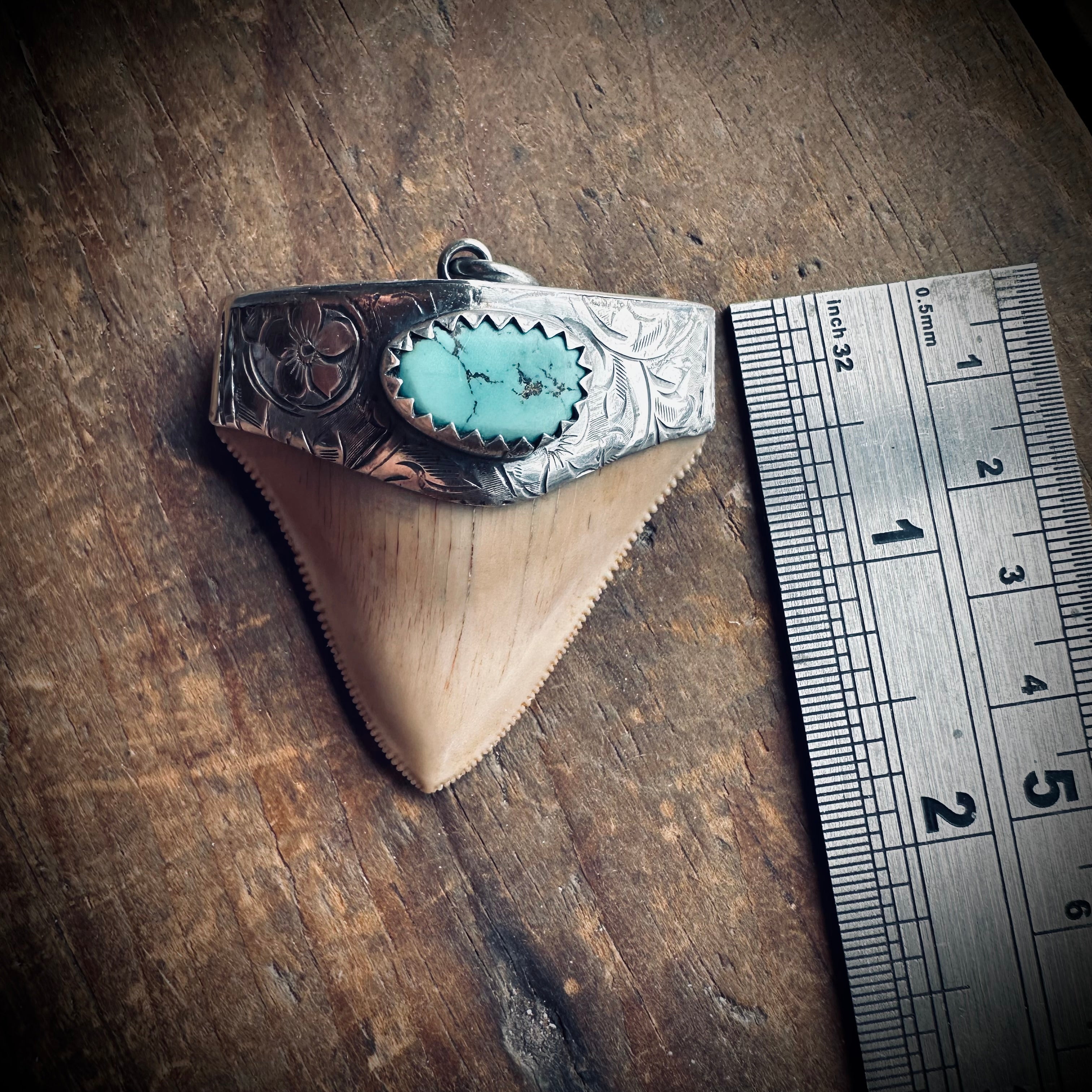 Large fossilised shark tooth pendant in hallmarked sterling silver with turquoise