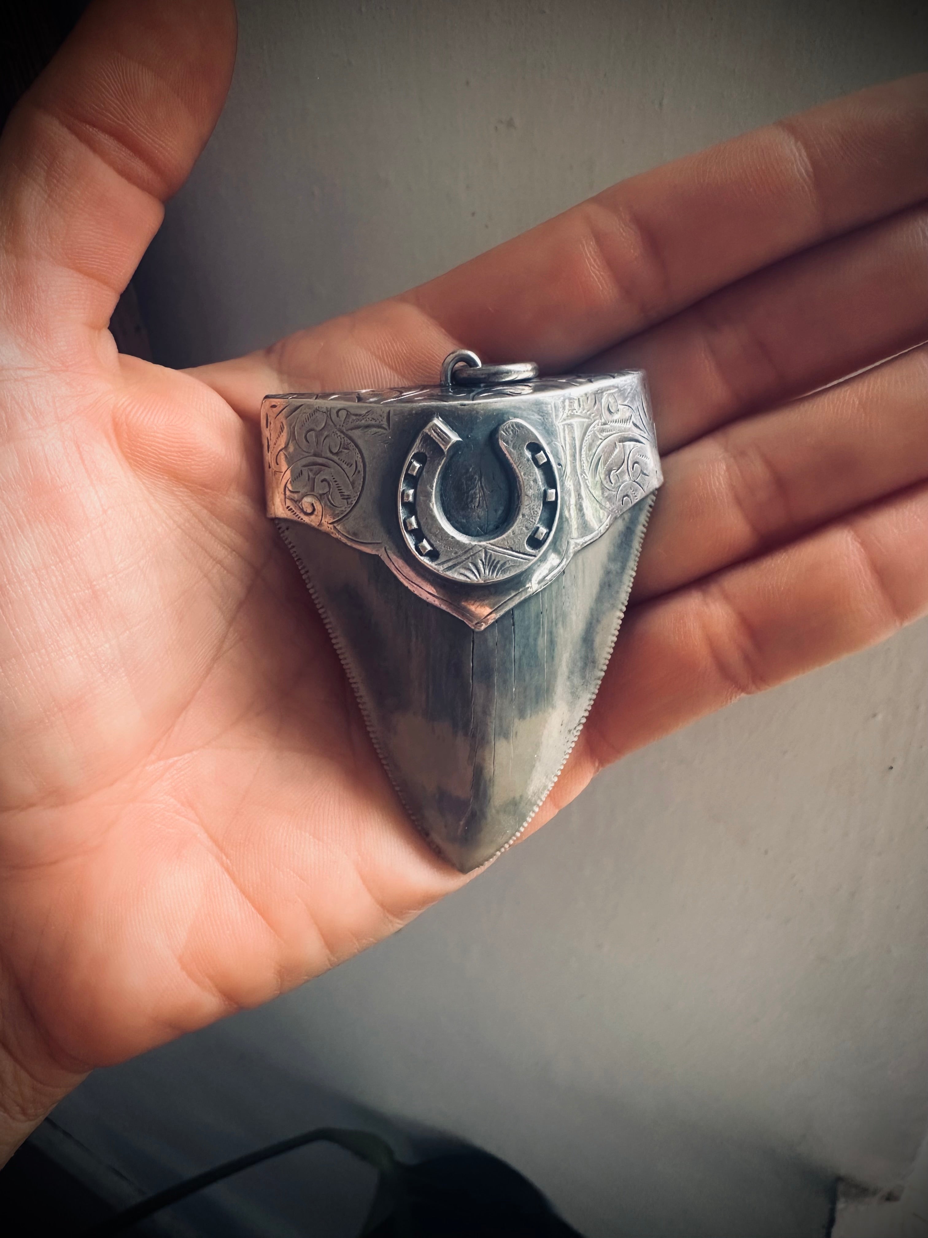 XL Fossilised shark tooth pendant in engraved hallmarked sterling silver