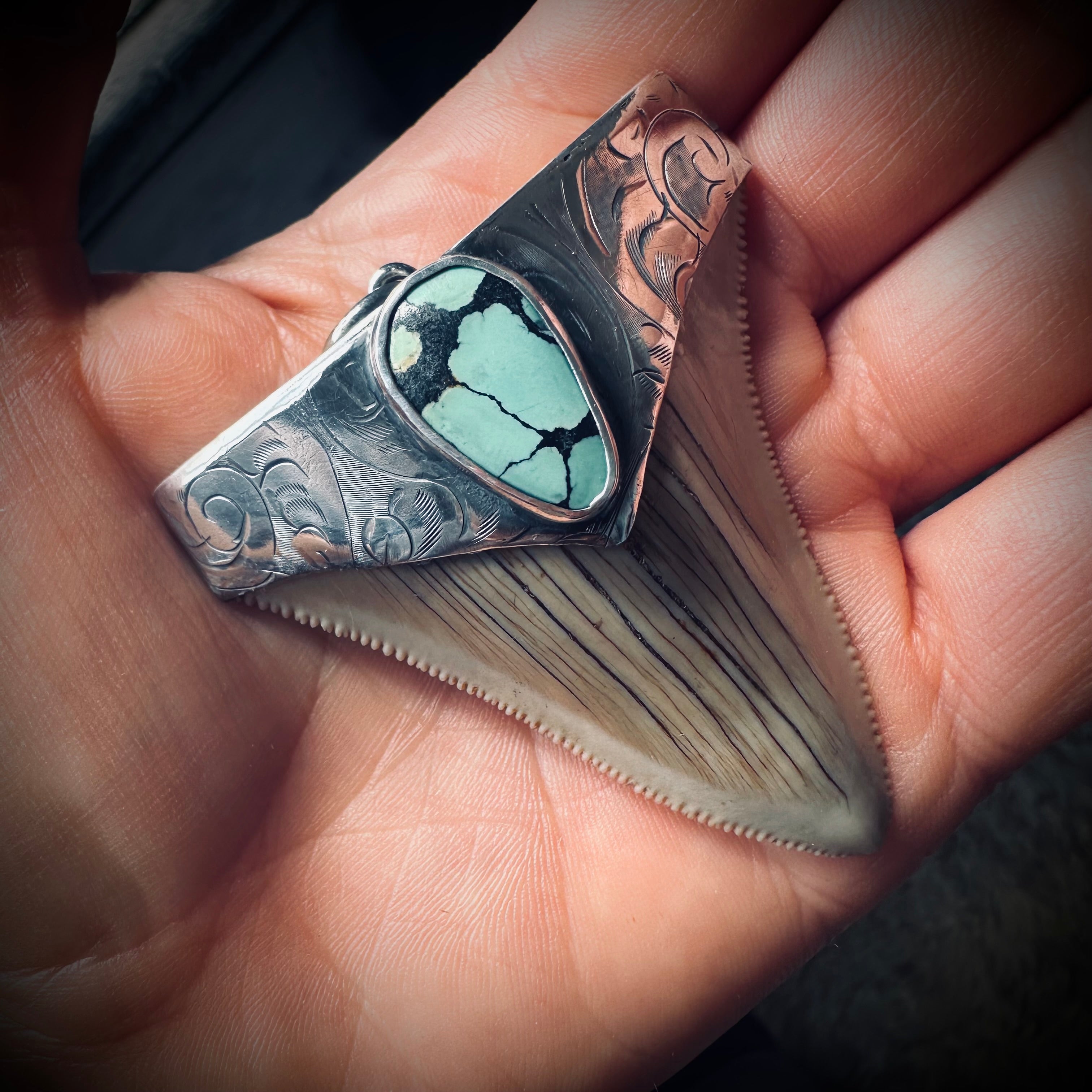 Sterling silver hallmarked fossil shark tooth pendant with turquoise