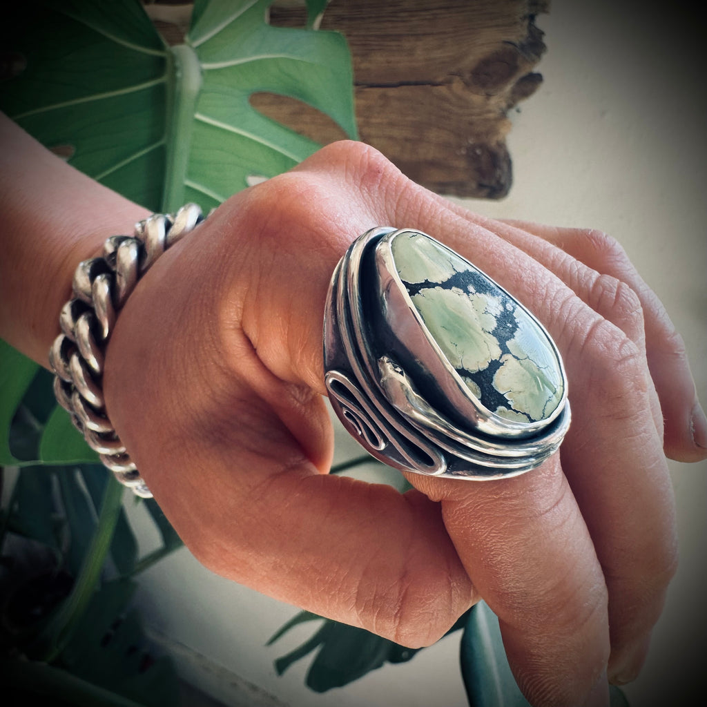 Size 8.5 (Q 1/2) Sterling silver hallmarked double wrapped snake and turquoise ring