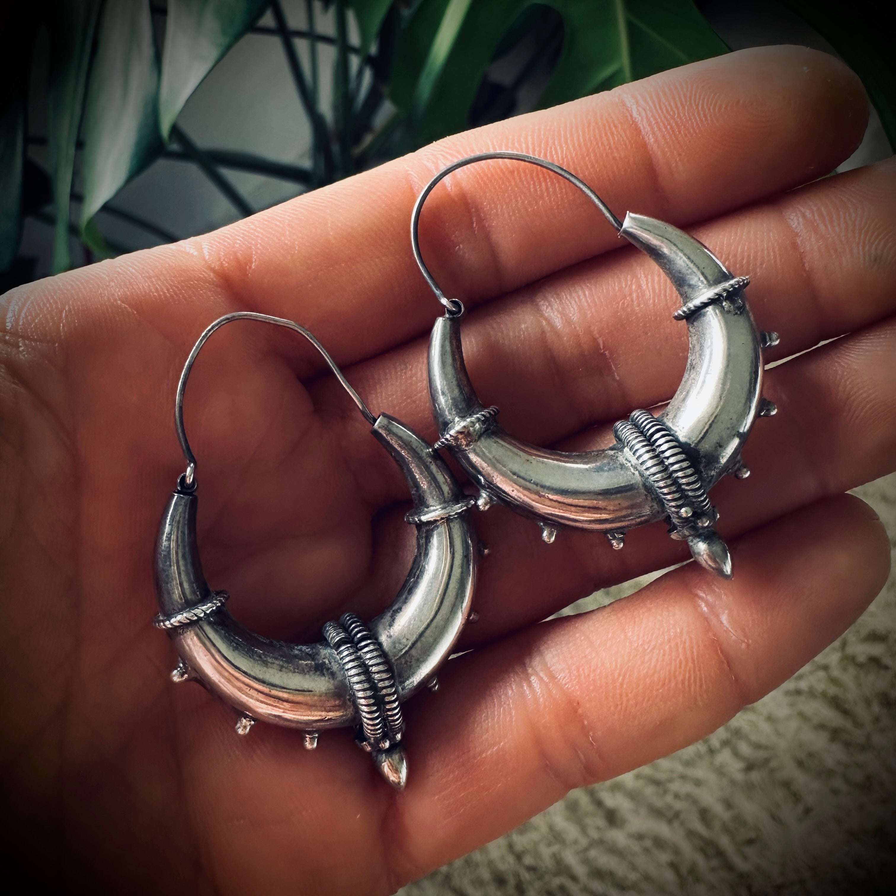Vintage sterling silver spike hoops in large size