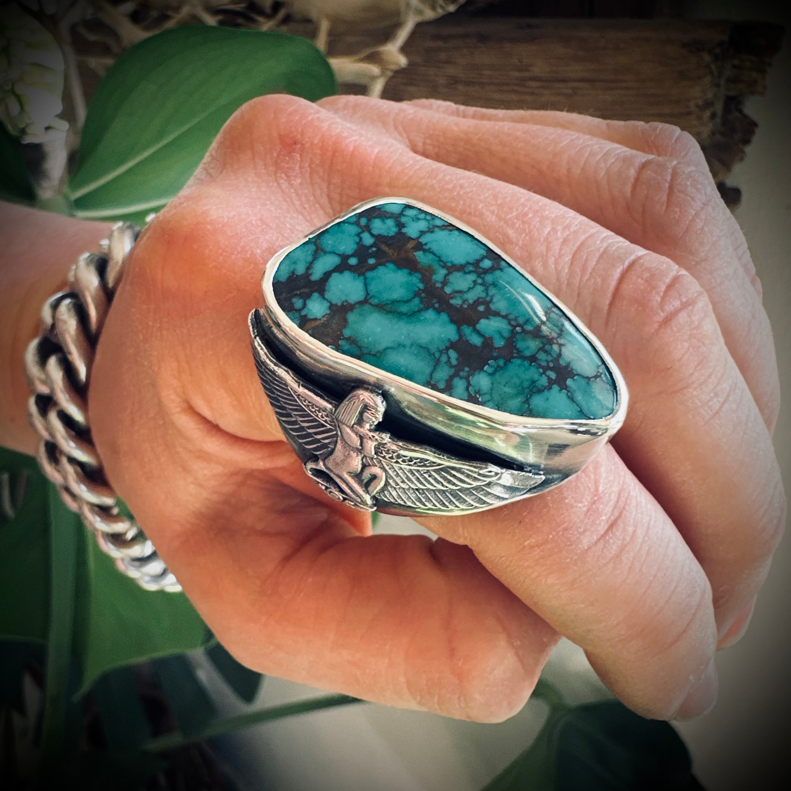 Size 9 (R 1/2) Sterling silver hallmarked turquoise winged Isis ring