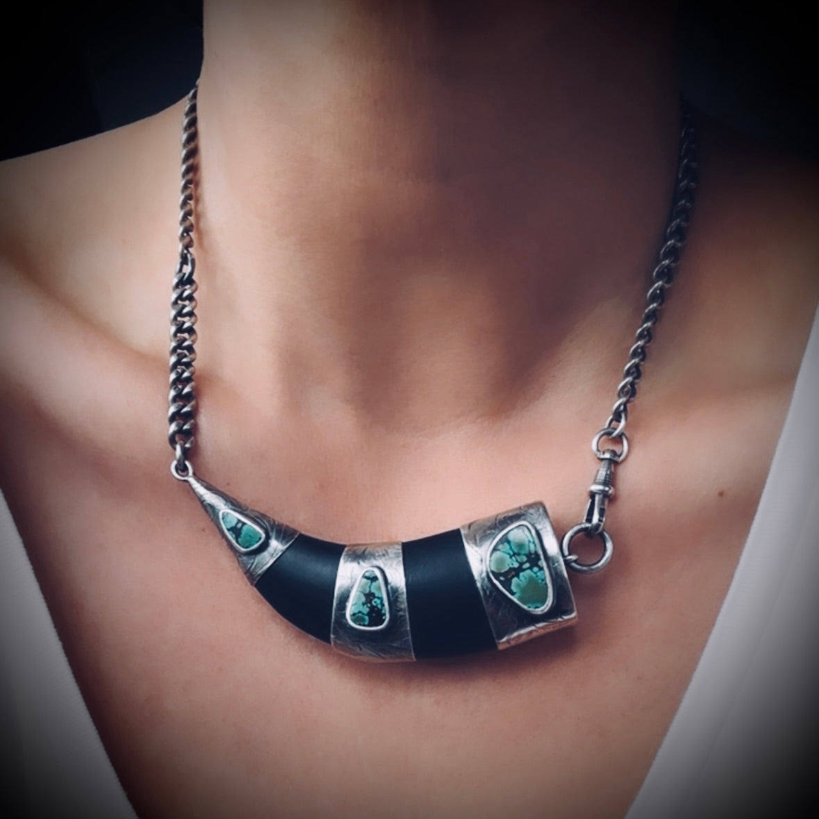 20” onyx tusk necklace in hallmarked sterling silver with turquoise and vintage chain