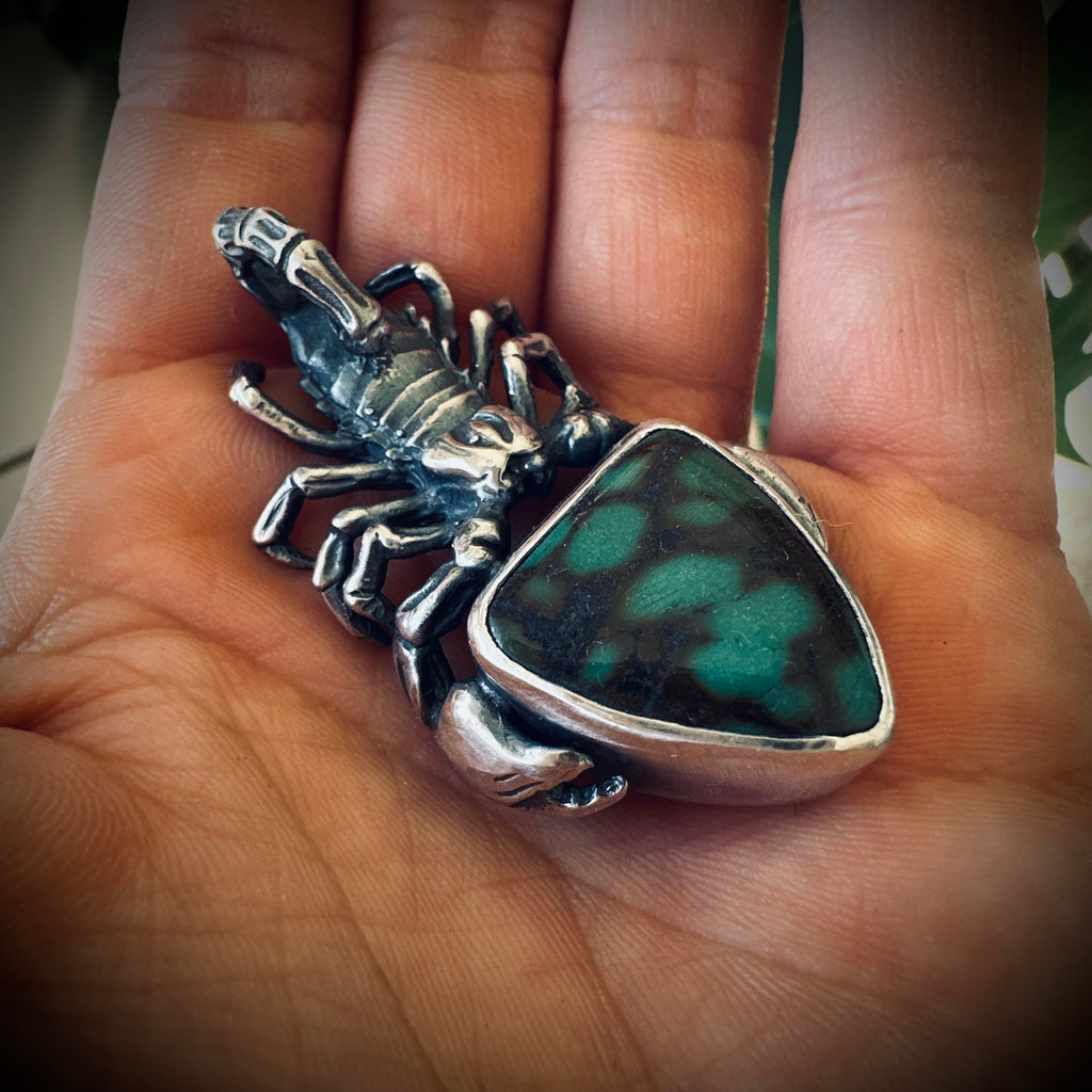 Sterling silver hallmarked scorpion pendant with turquoise