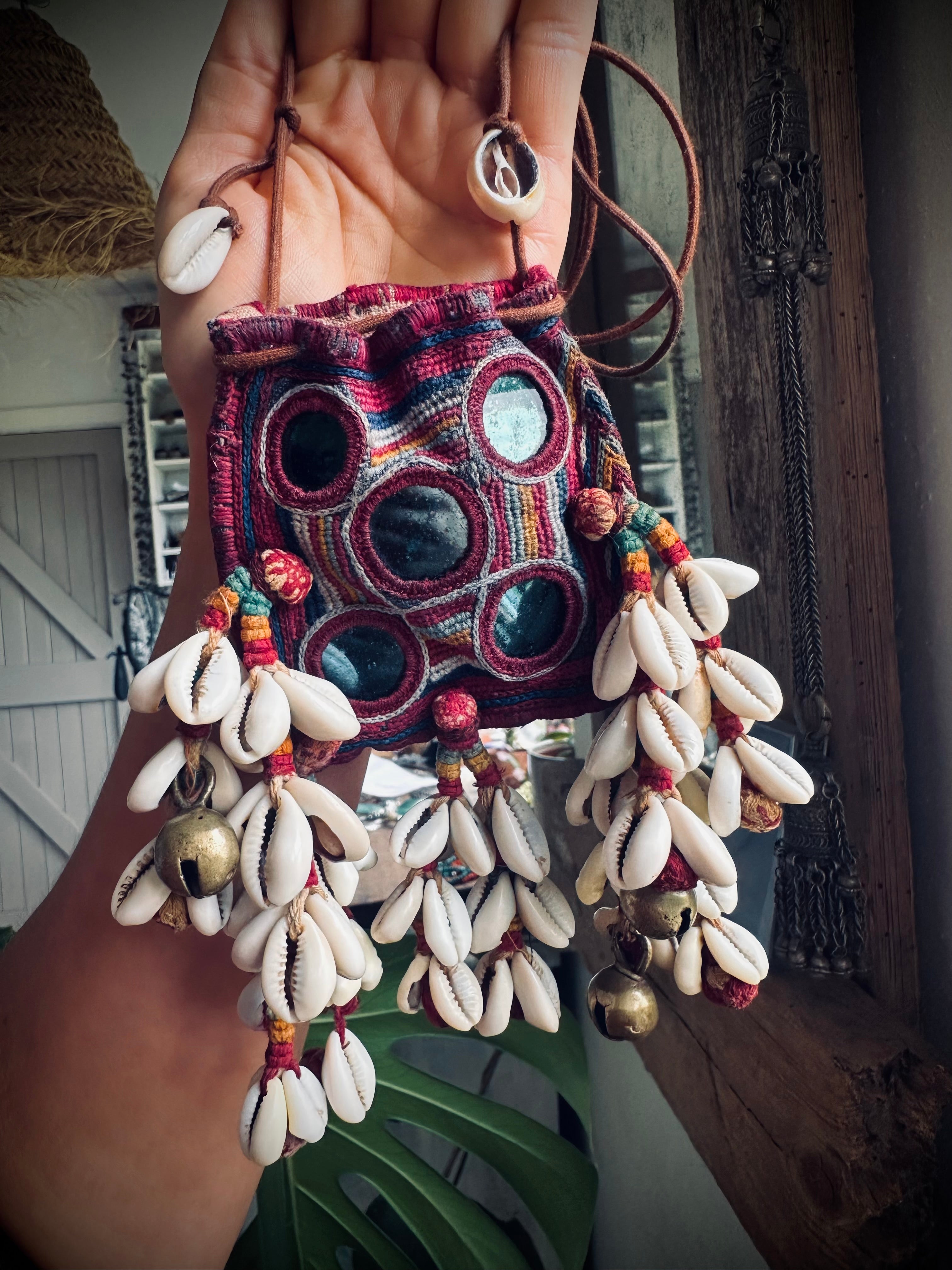 3”x3” Beautiful banjara mini pouch/purse on adjustable string with cowries