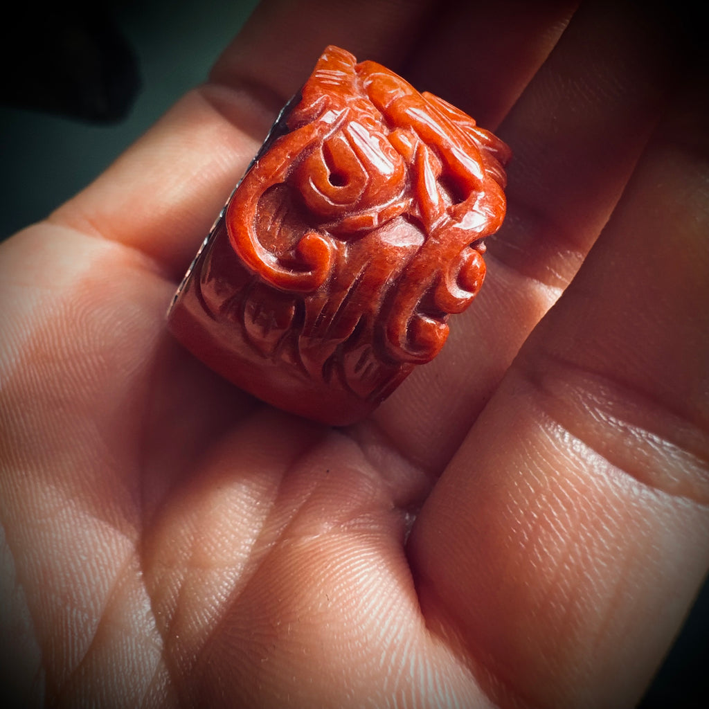 Size 7 (UK an1/2) vintage carved red jade and sterling silver ring