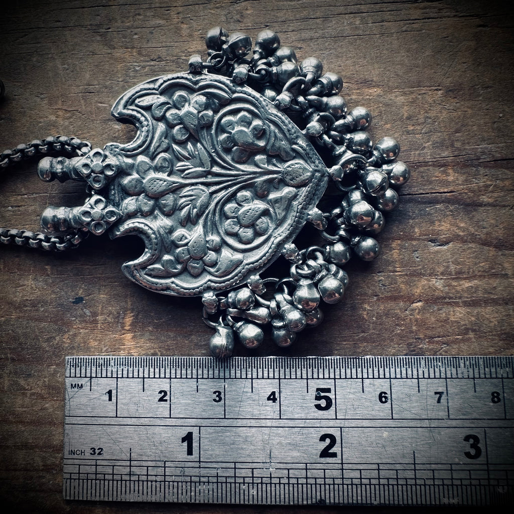Vintage large silver patterned talisman pendant with bells on 22” adjustable chain